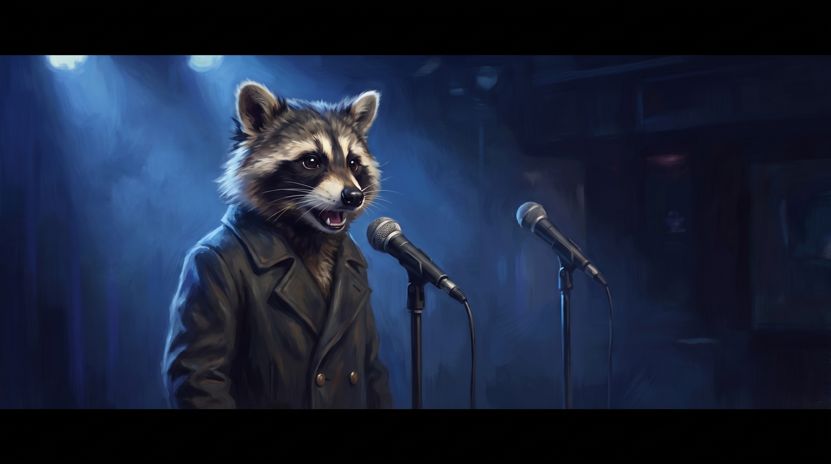 Poetry-Slam-Formate falsch gelesen: der Waschbär steht am Mikrofon und schaut auf ein zweites, leeres Mikrofon daneben