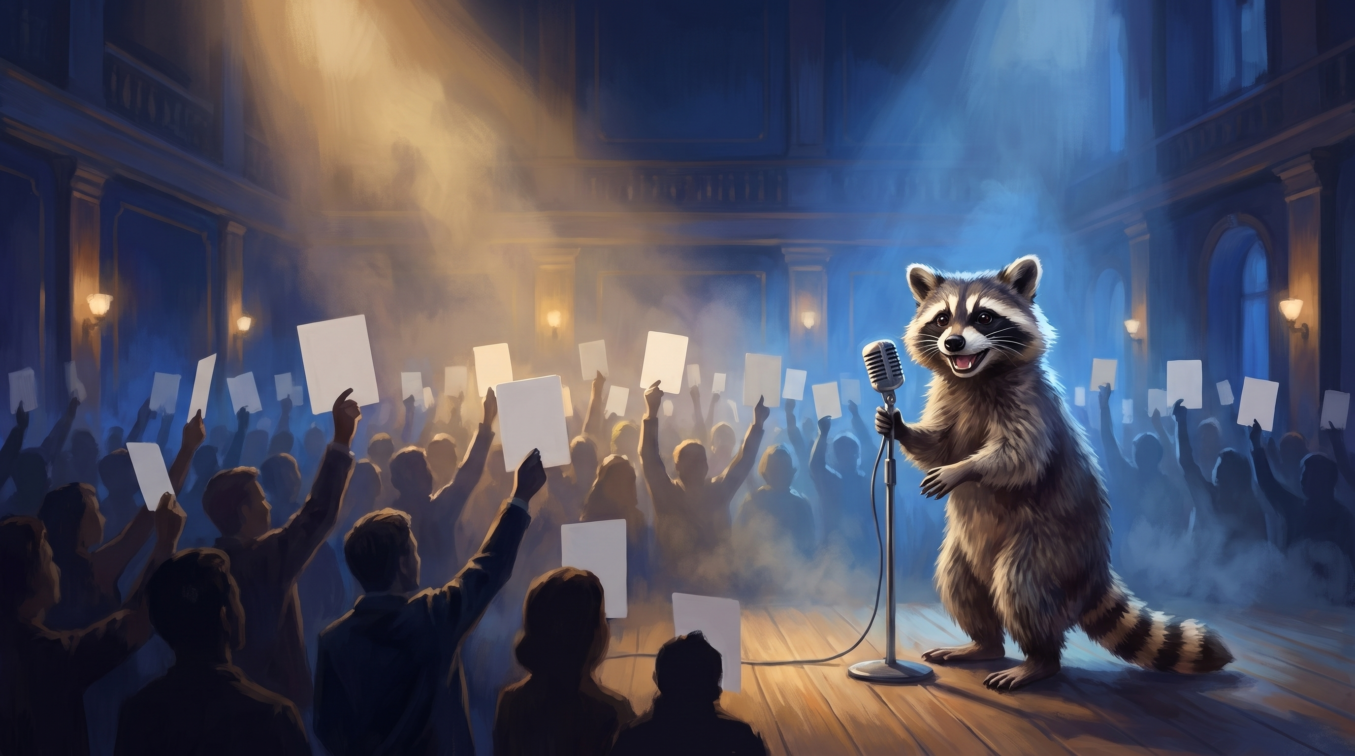 Poetry-Slam-Formate gemeistert: der Waschbär steht souverän auf der Bühne, das Publikum hält Wertungskarten hoch