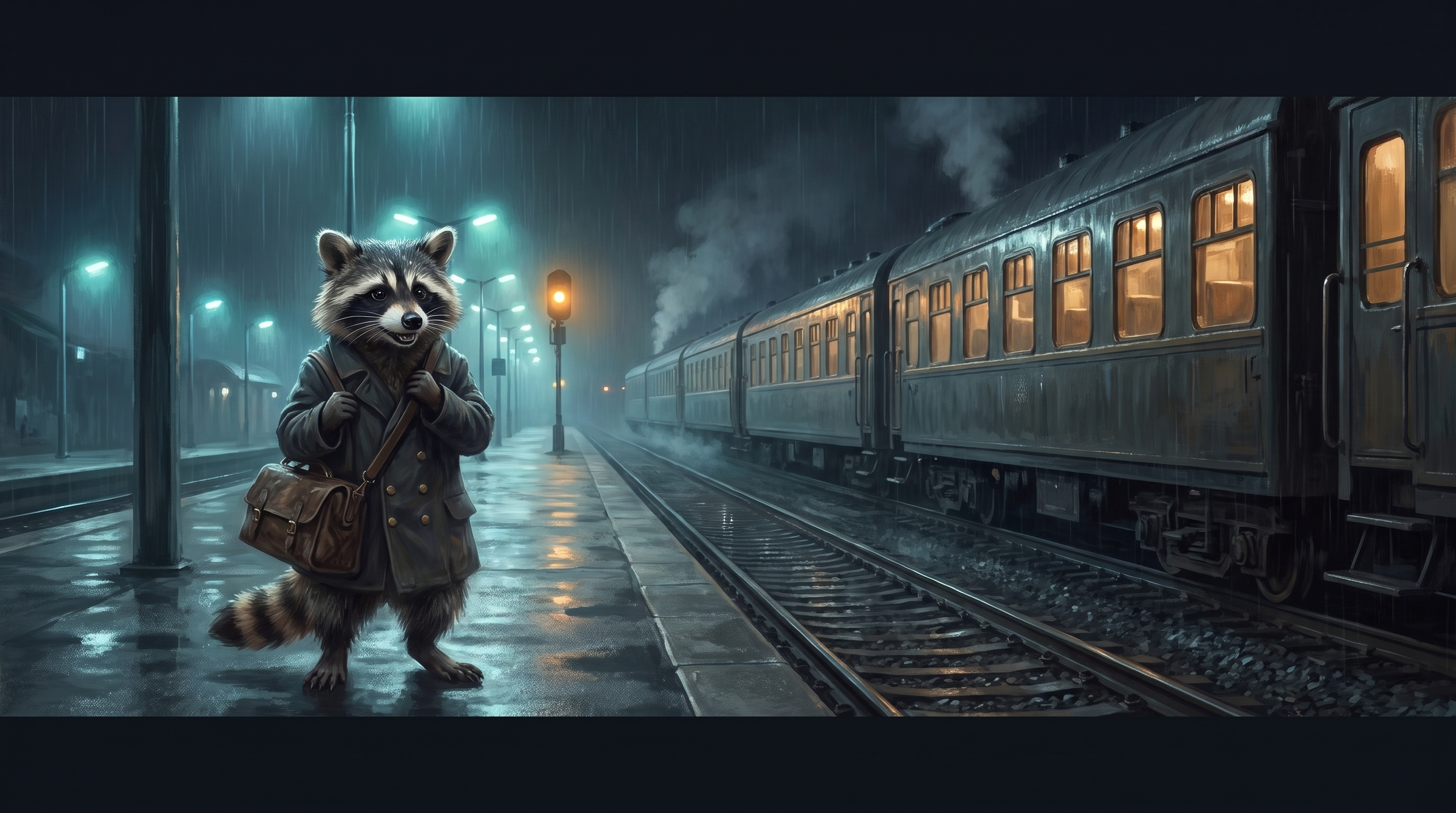 Der Anfang jeder Poetry-Slam-Tour: der Waschbär steht mit Reisetasche nachts allein am Bahnsteig vor einem Fernzug