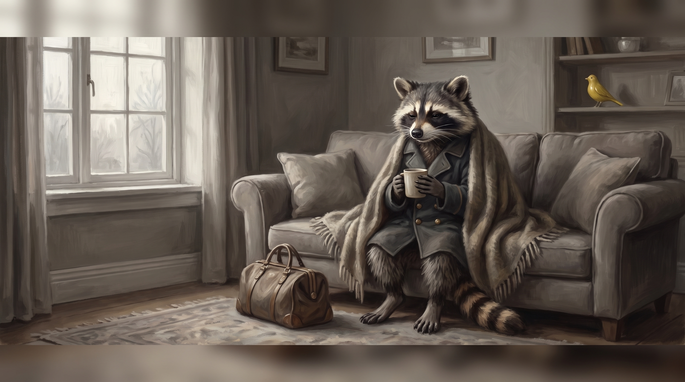 Nach dem Auftritt auf Poetry-Slam-Tour: der Waschbär sitzt morgens mit Decke und Tasse auf einer fremden Couch