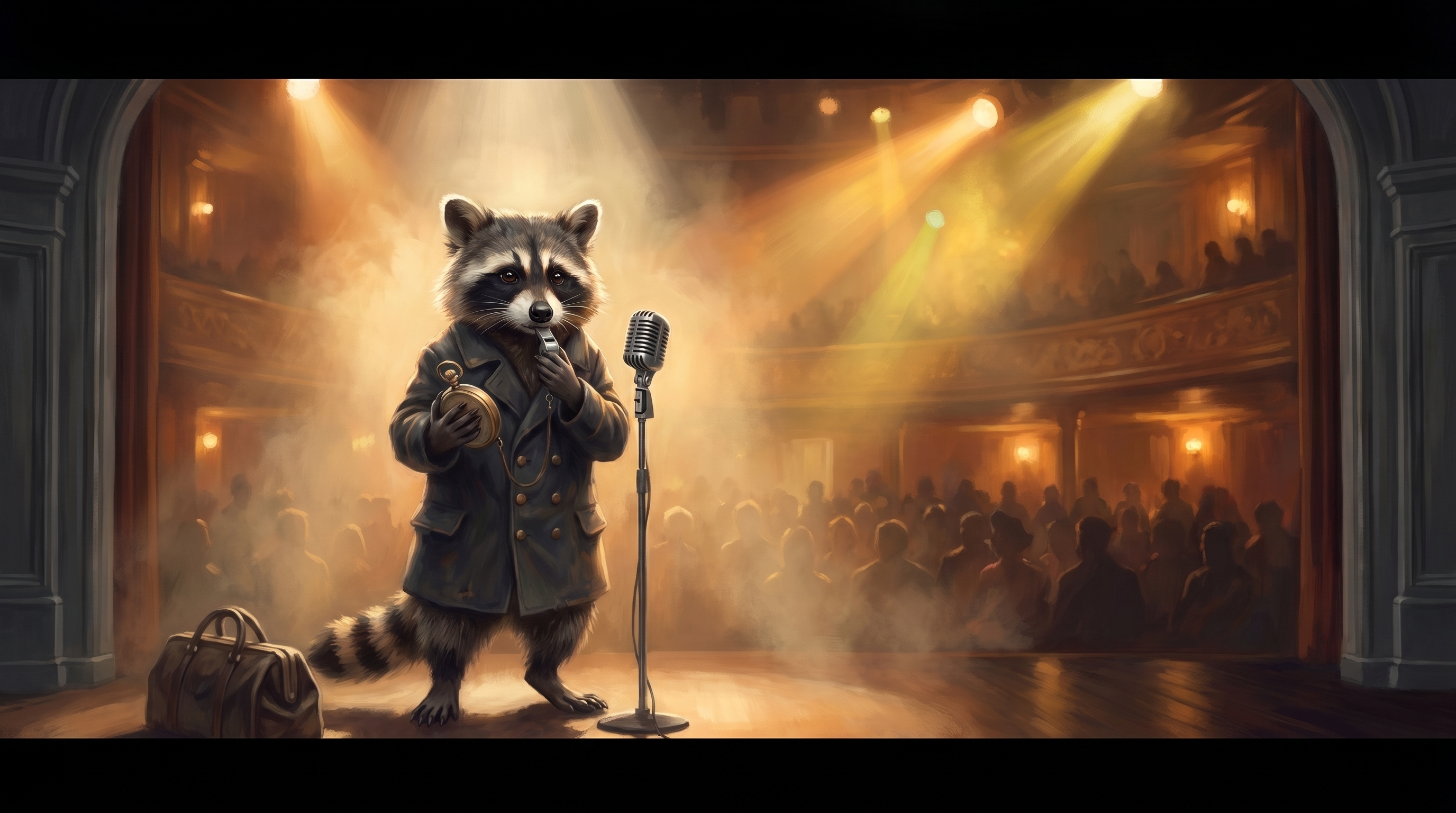 Angekommen auf Poetry-Slam-Tour: der Waschbär steht souverän auf einer großen fremden Bühne vor vollem Saal