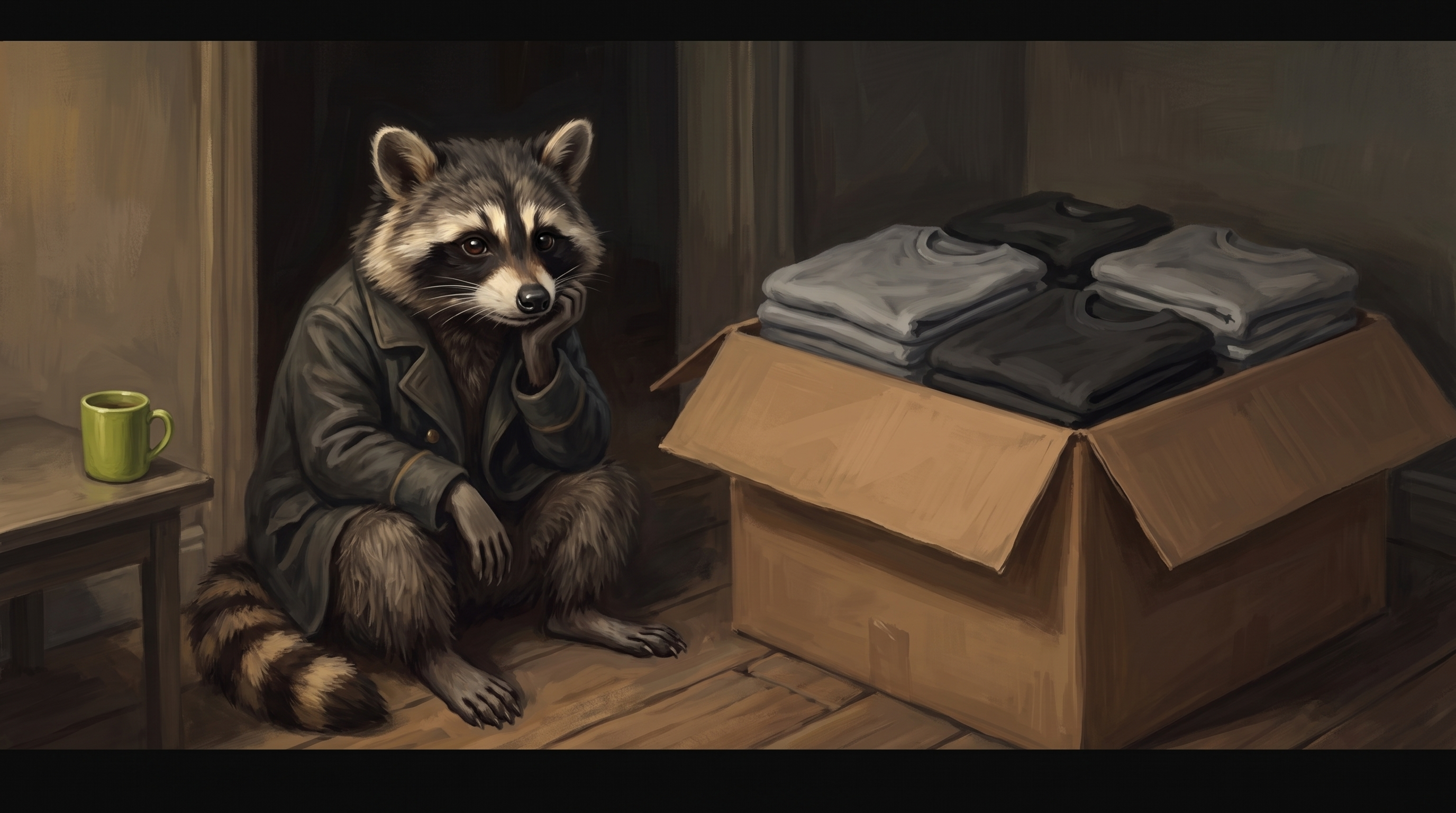 Der teuerste Fehler bei Merch für Künstler: der Waschbär sitzt neben einem Karton voller unverkaufter Shirts
