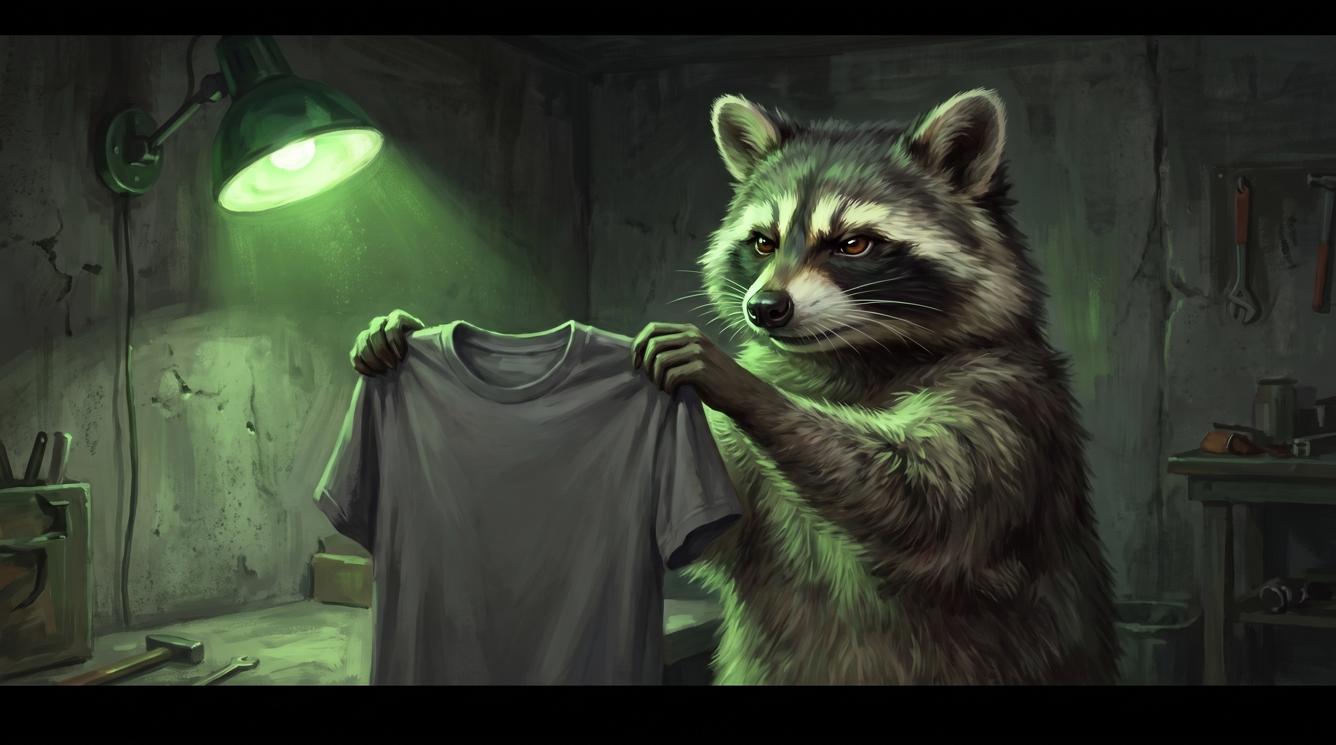Merch für Künstler prüfen: der Waschbär hält ein einzelnes Shirt hoch und begutachtet es kritisch