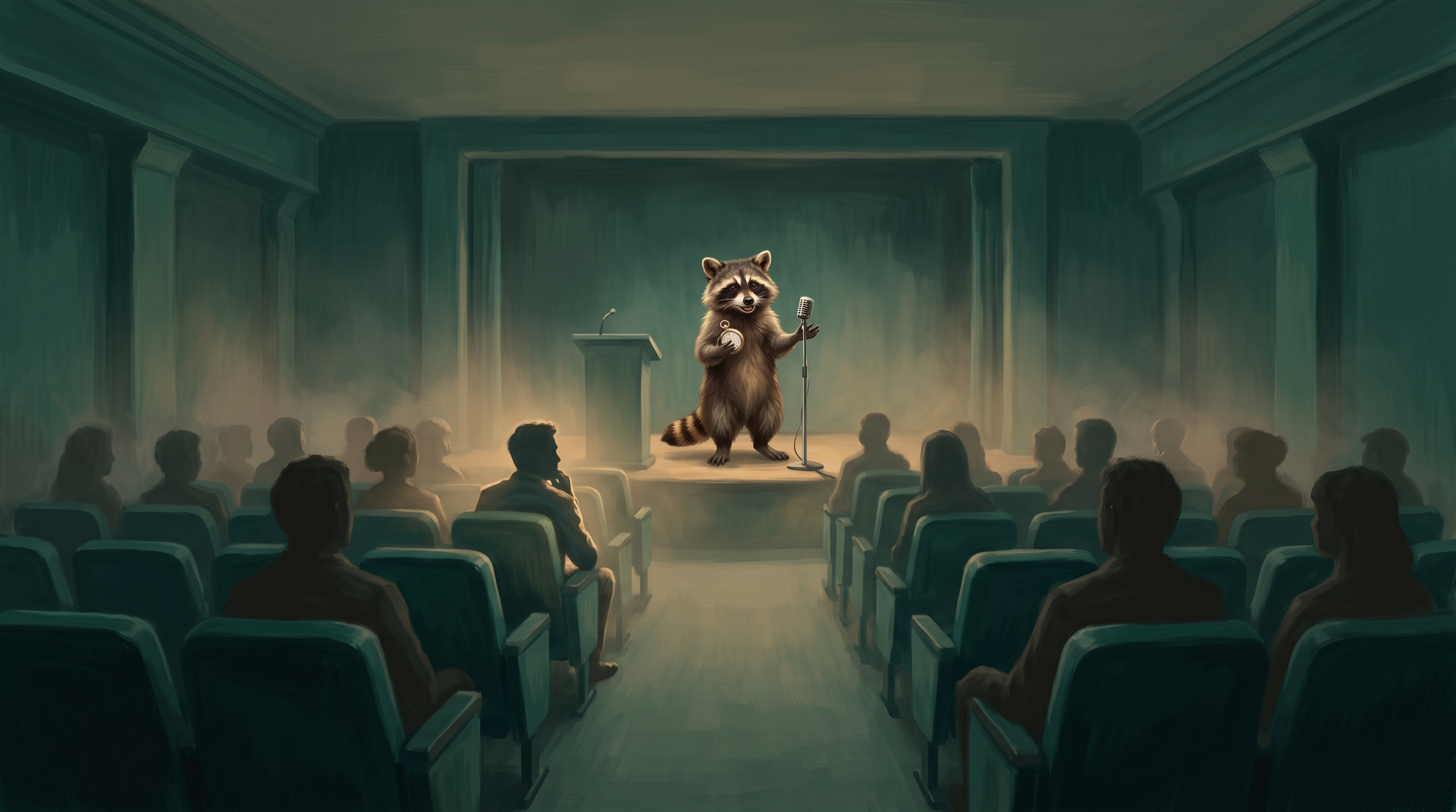 Publikum aufbauen beginnt im Saal: der Waschbär spricht von der Bühne, in Reihe fünf sitzt eine einzelne Zuhörerin