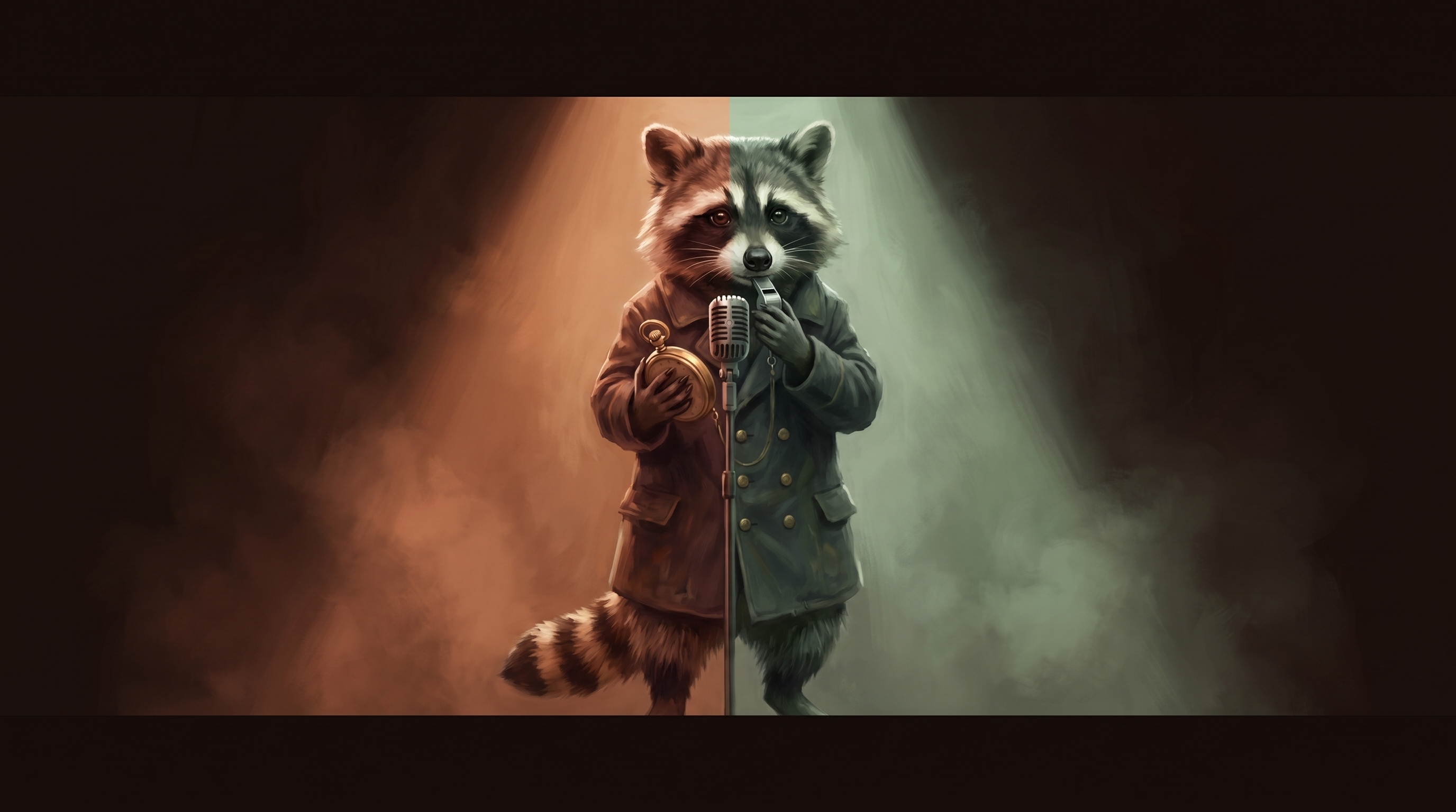 Spoken Word Poetry Slam Unterschied als Bild: der Waschbär steht am Mikrofon genau dort, wo zwei verschiedenfarbige Bühnenlichter aufeinandertreffen