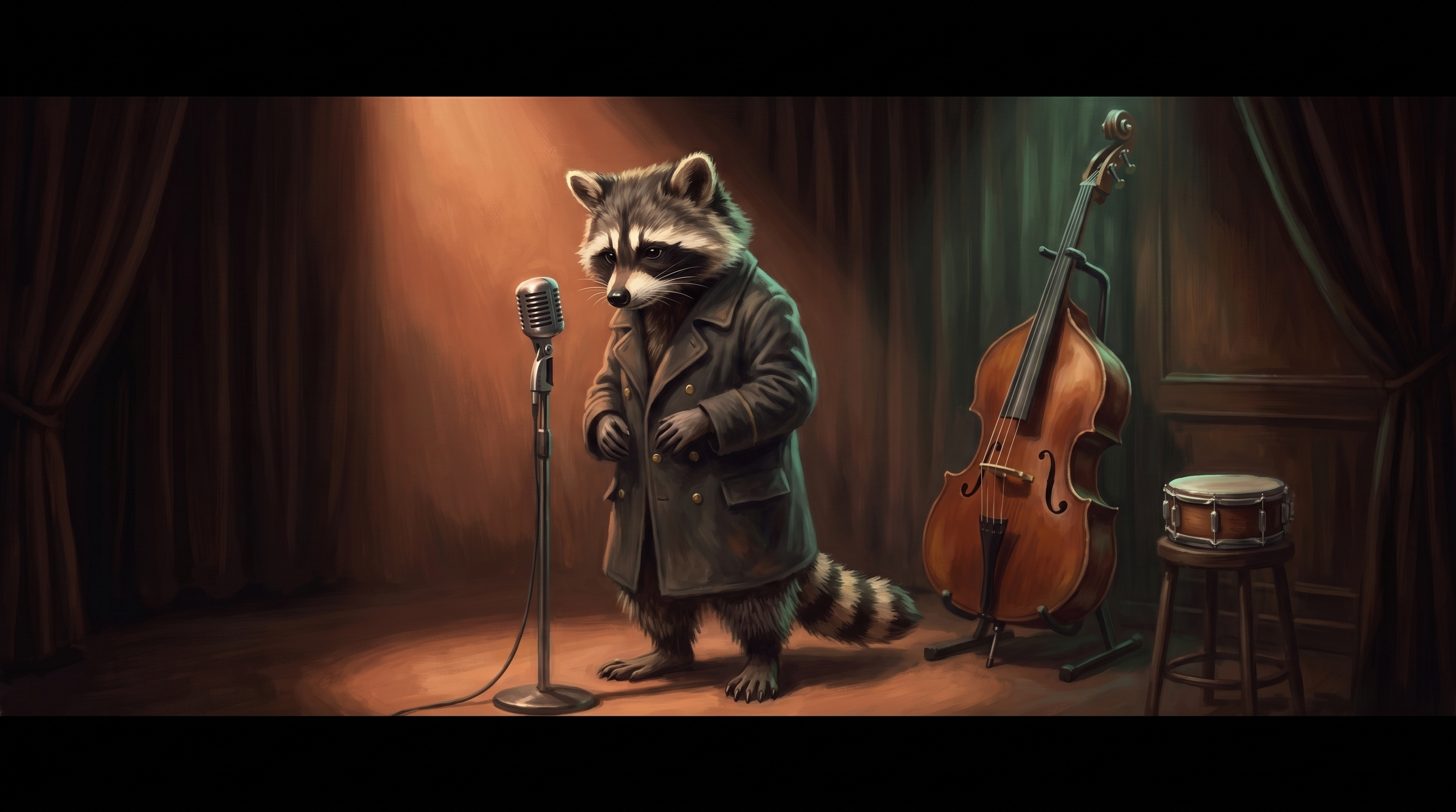 Spoken Word Poetry Slam Unterschied historisch: der Waschbär steht am Mikrofon neben einem Kontrabass und einer Handtrommel