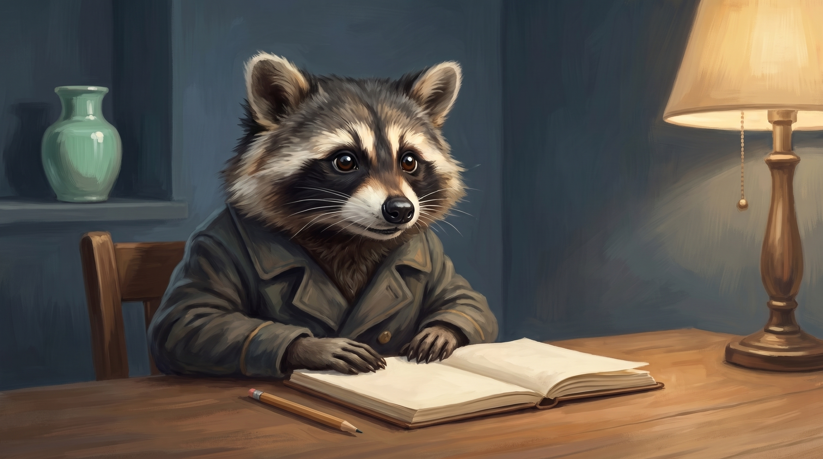 Feedback geben beginnt mit Zuhören: der Waschbär sitzt aufmerksam da, Notizbuch und Stift liegen unbenutzt vor ihm