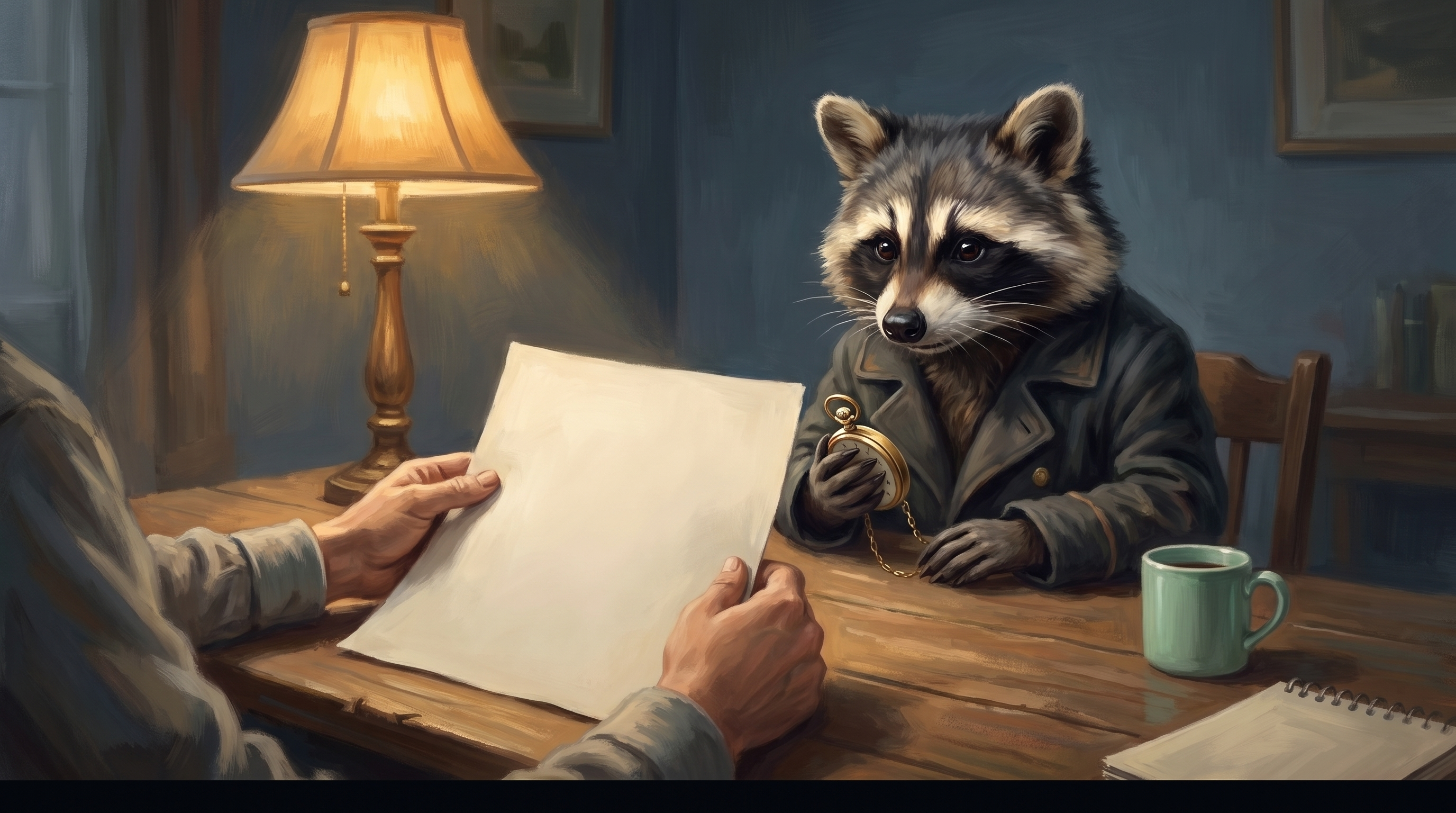 Feedback geben auf Augenhöhe: der Waschbär und eine zweite Person schauen gemeinsam auf ein Blatt zwischen ihnen