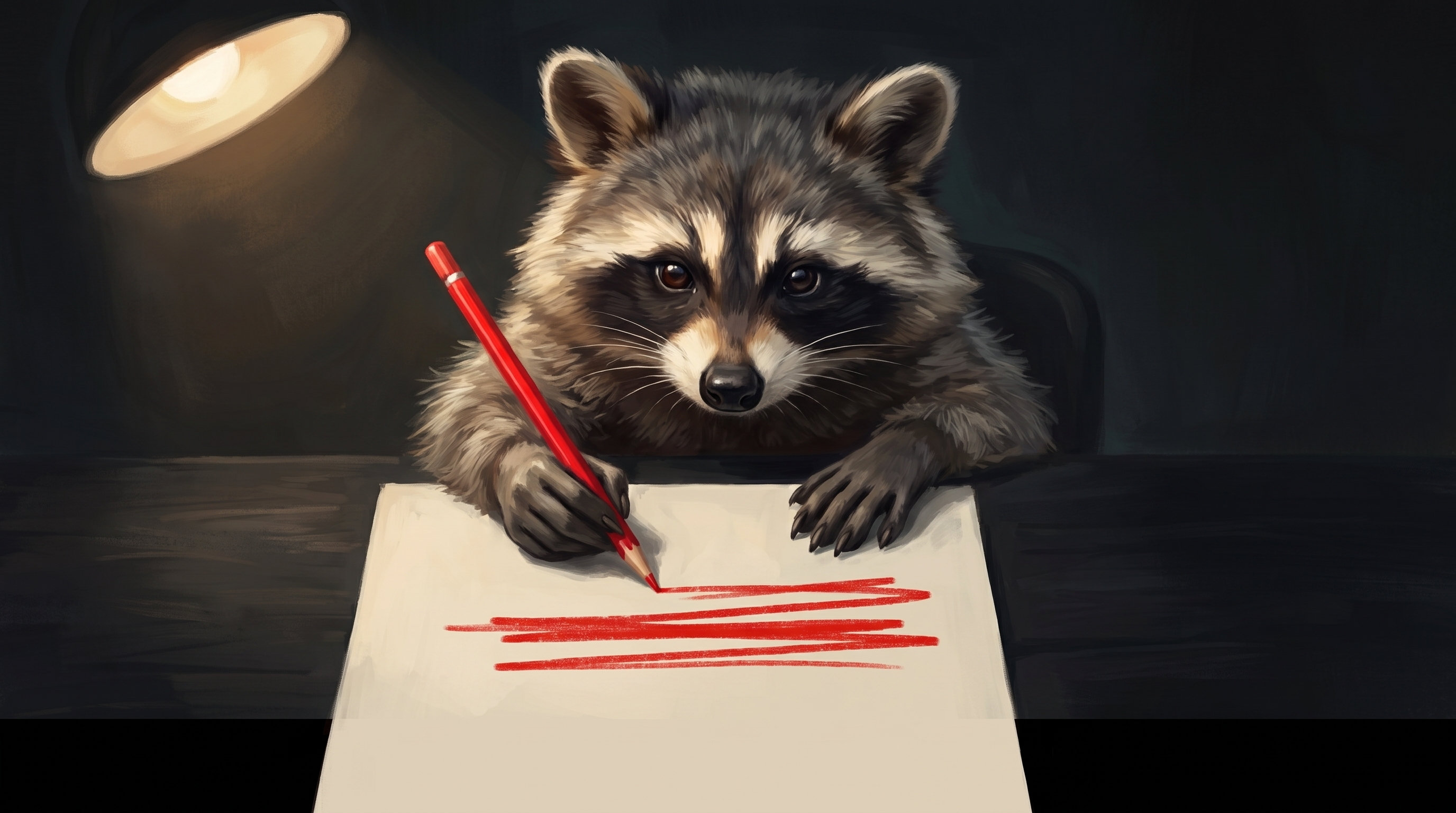 Der Fremdheitstest gegen Poetry Slam Klischees: der Waschbär streicht mit rotem Stift Zeilen auf einem Blatt durch