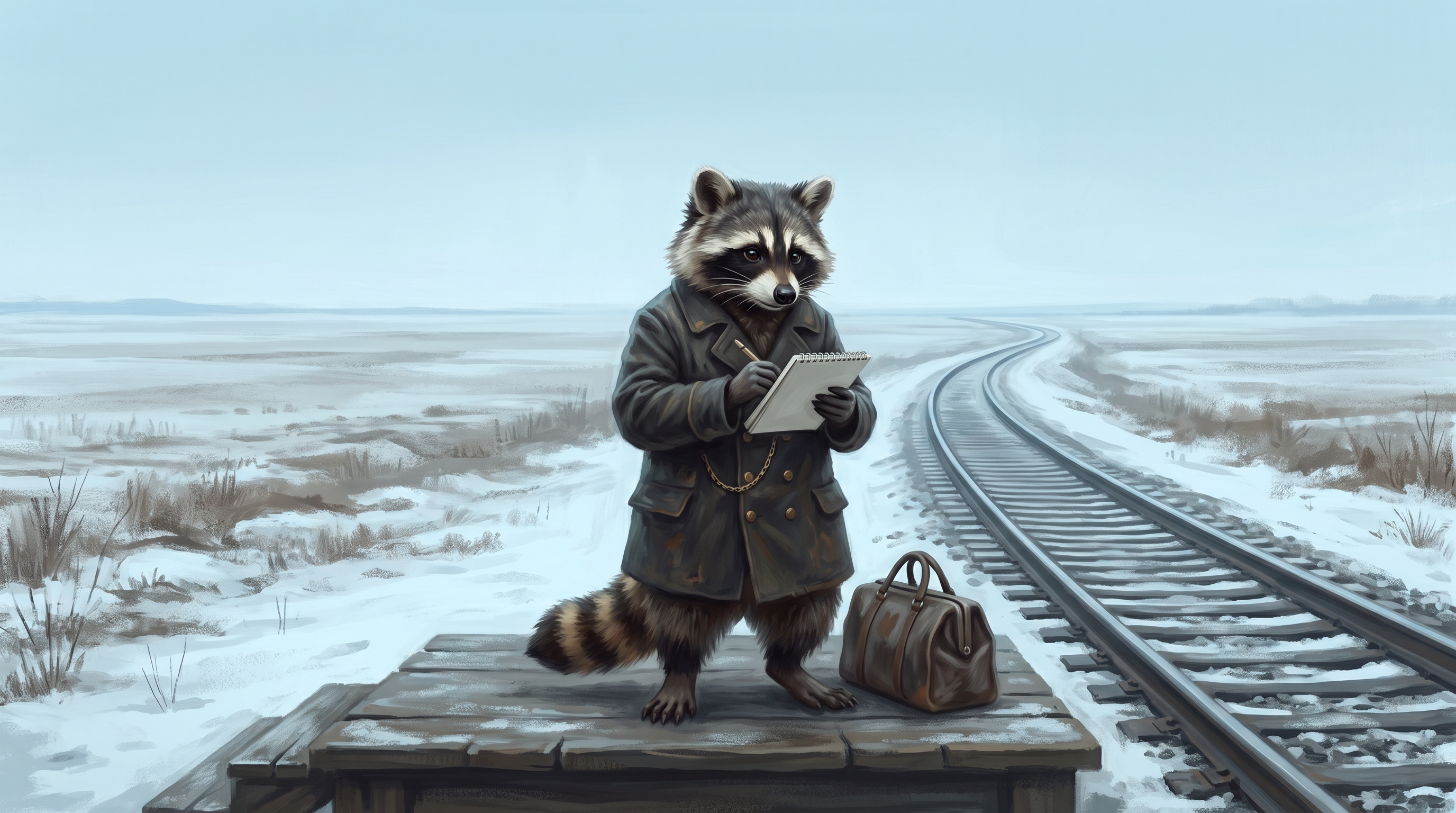 Schreiben im Zug geht auch ohne Zug: der Waschbär schreibt im Stehen auf einem leeren kleinen Bahnsteig