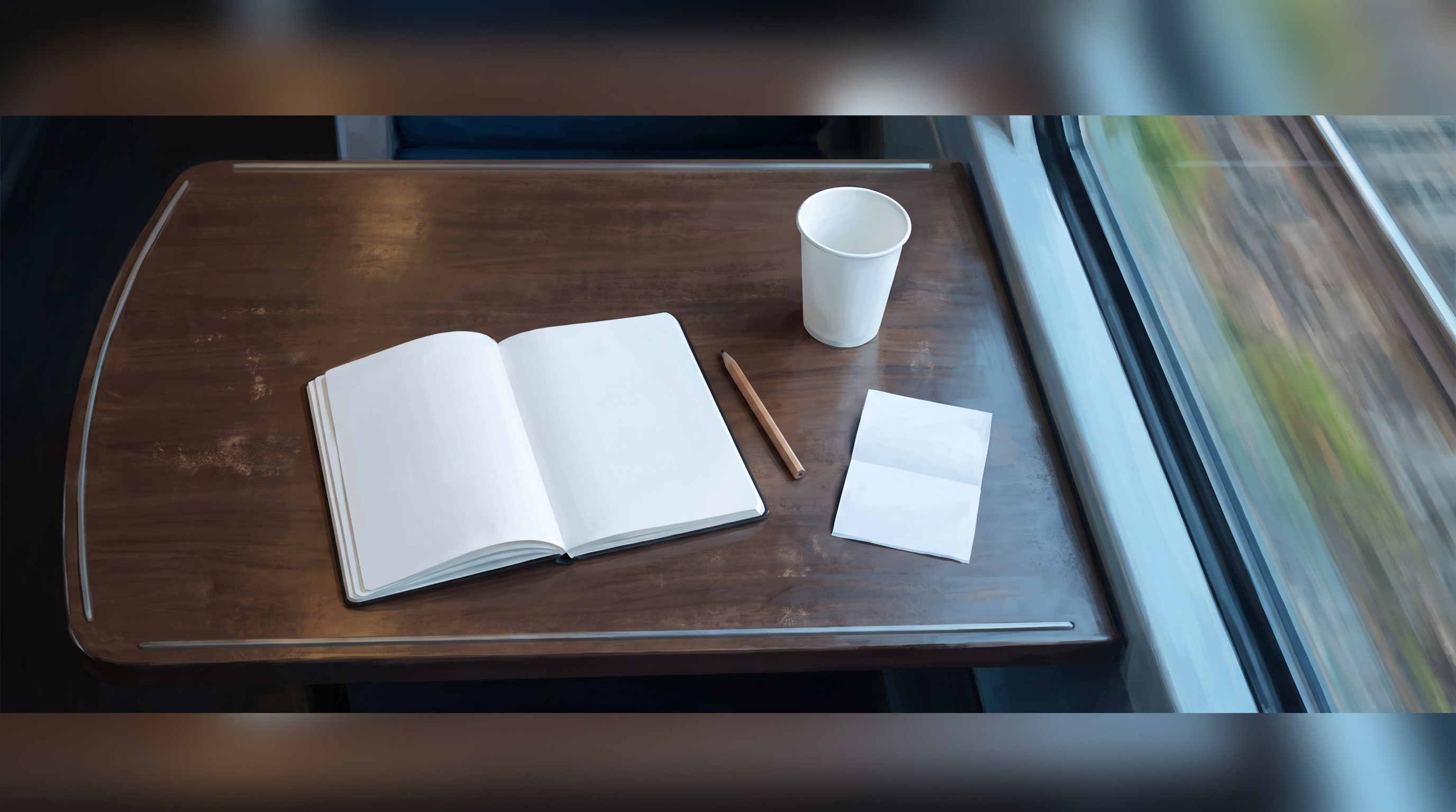 Schreiben im Zug braucht wenig: Klapptisch mit leerem Notizbuch, Stift und Kaffeebecher am Fenster