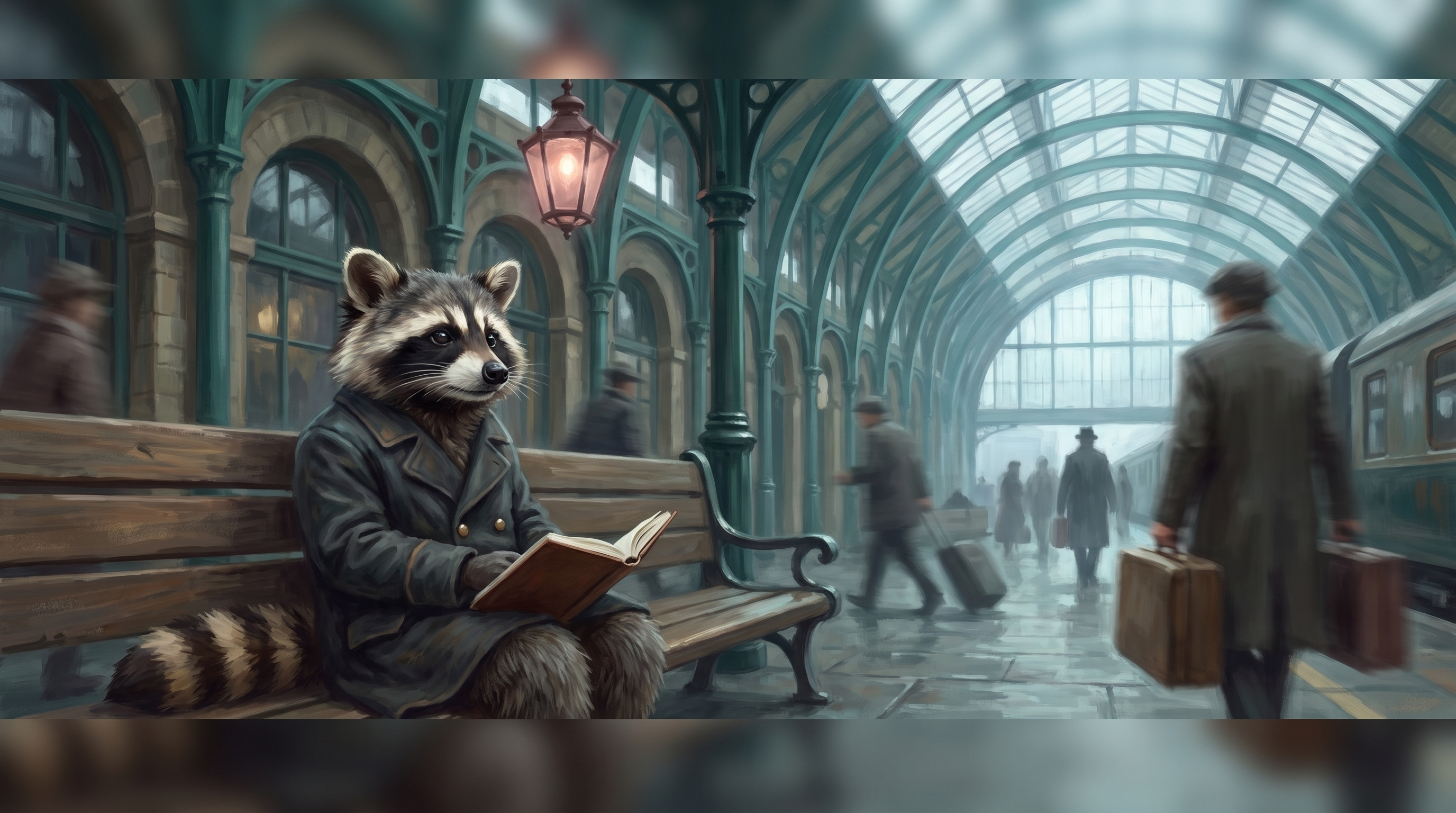 Bahnhof Geschichten schreiben beginnt mit Zuschauen: der Waschbär sitzt mit Notizbuch auf einer Bank in der Bahnhofshalle