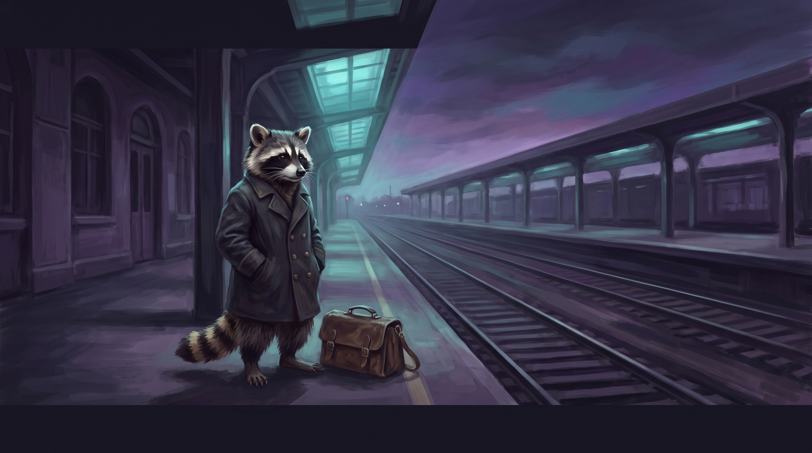 Die Warten-Metapher beginnt am Bahnsteig: der Waschbär steht allein und schaut das leere Gleis entlang