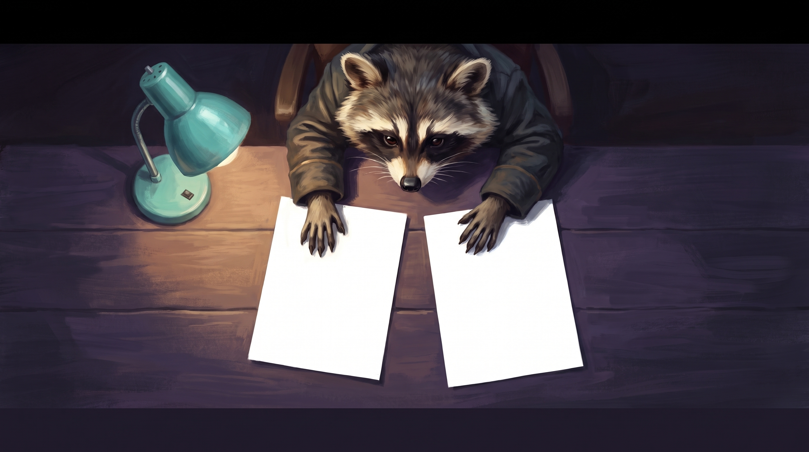 Eine Warten-Metapher entsteht am Tisch: der Waschbär vergleicht zwei leere Blätter nebeneinander