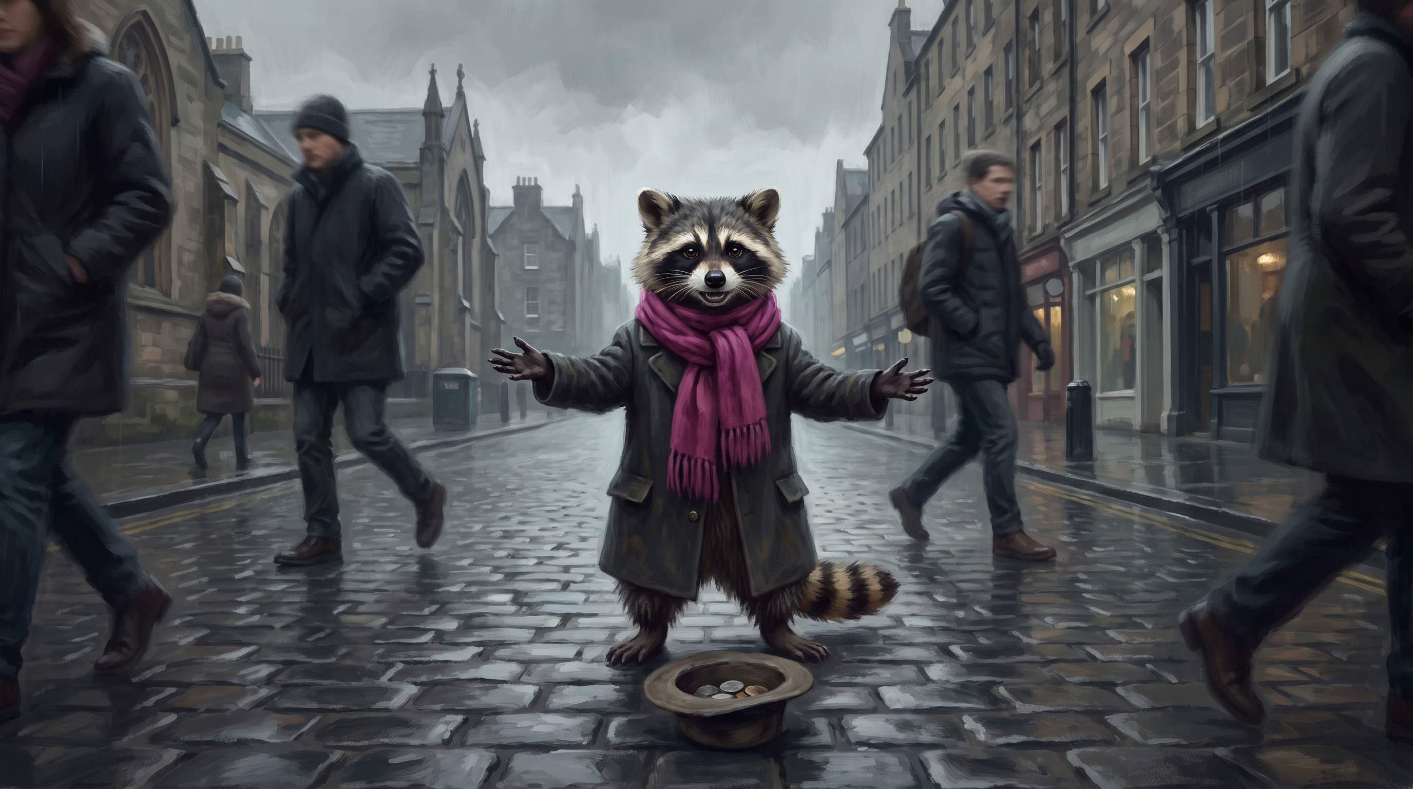 Straßenpoesie in der Praxis: der Waschbär spielt in der Fußgängerzone, während die Leute vorbeigehen
