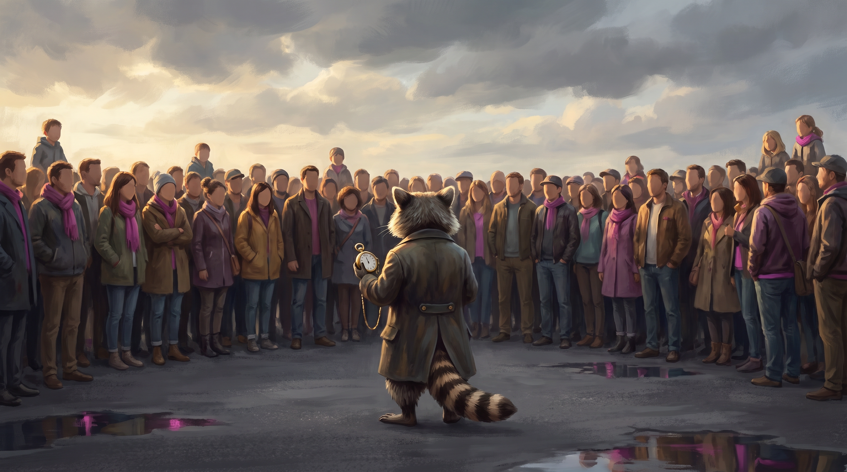Straßenpoesie am Ziel: ein voller Halbkreis von Menschen umringt den Waschbär in der Fußgängerzone