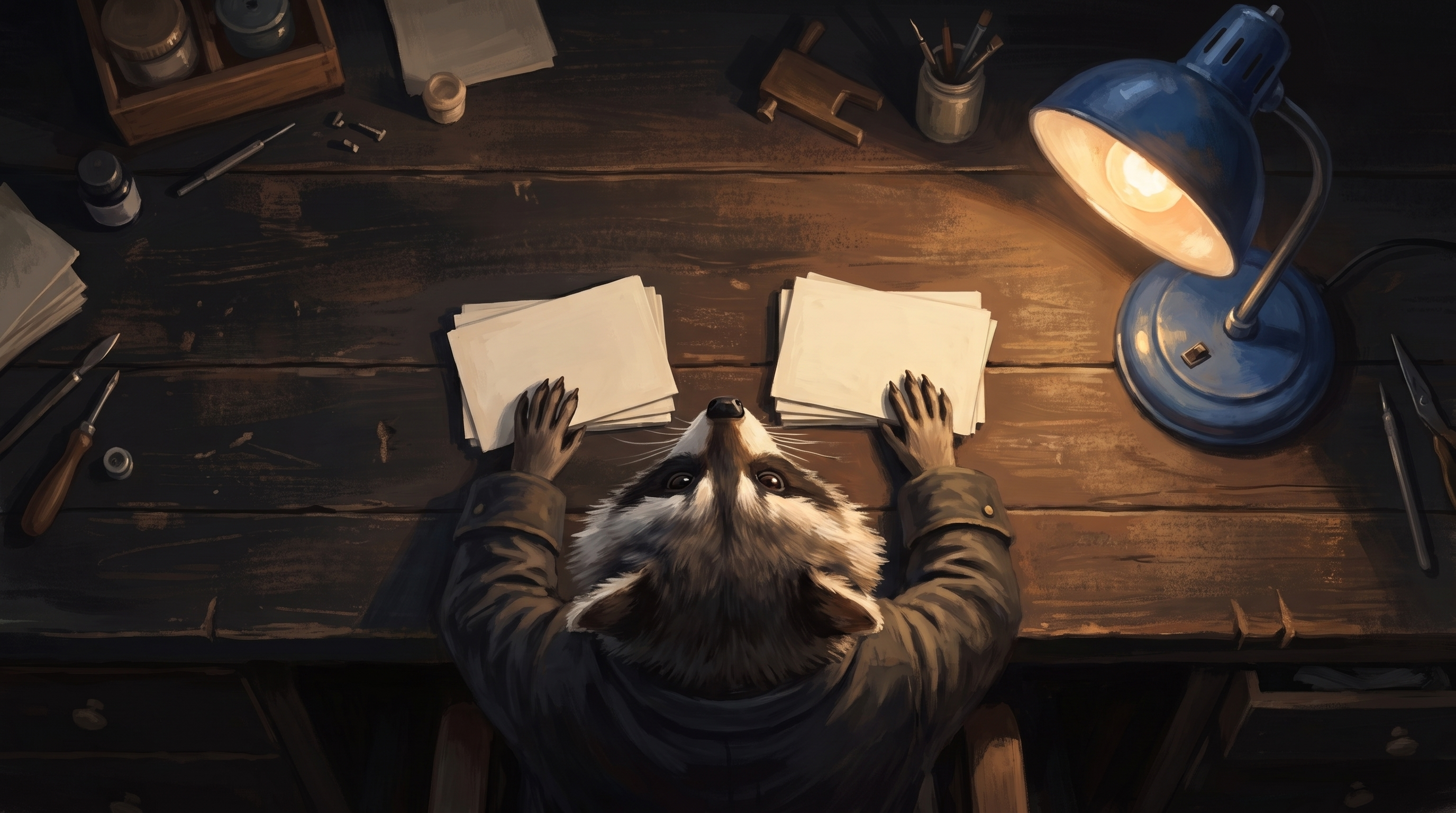 Metaphern bauen als Sortierarbeit: der Waschbär legt Karten in zwei Spalten nebeneinander