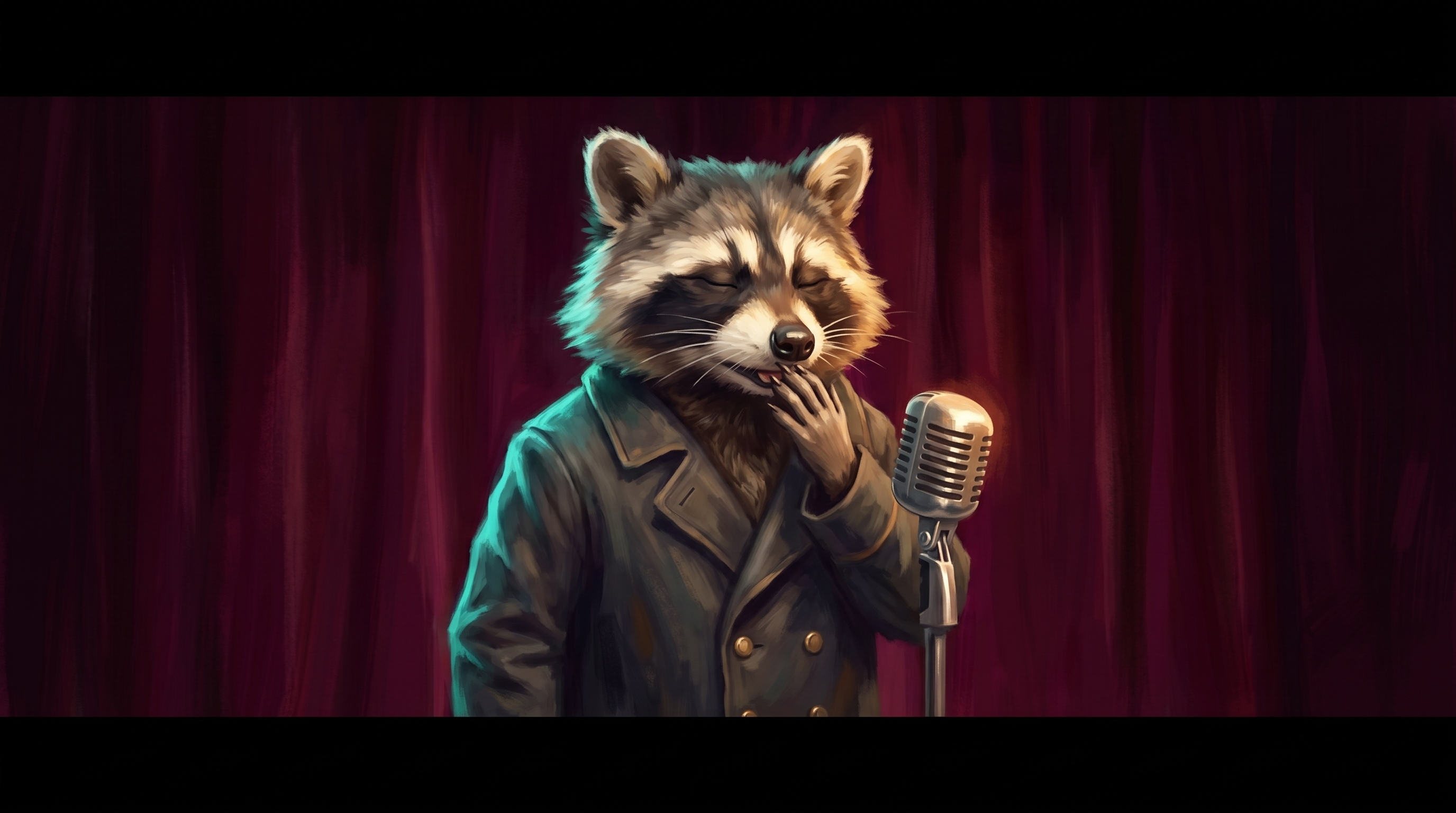 Alliteration schiefgegangen: der Waschbär am Mikrofon, nachdem er sich verhaspelt hat