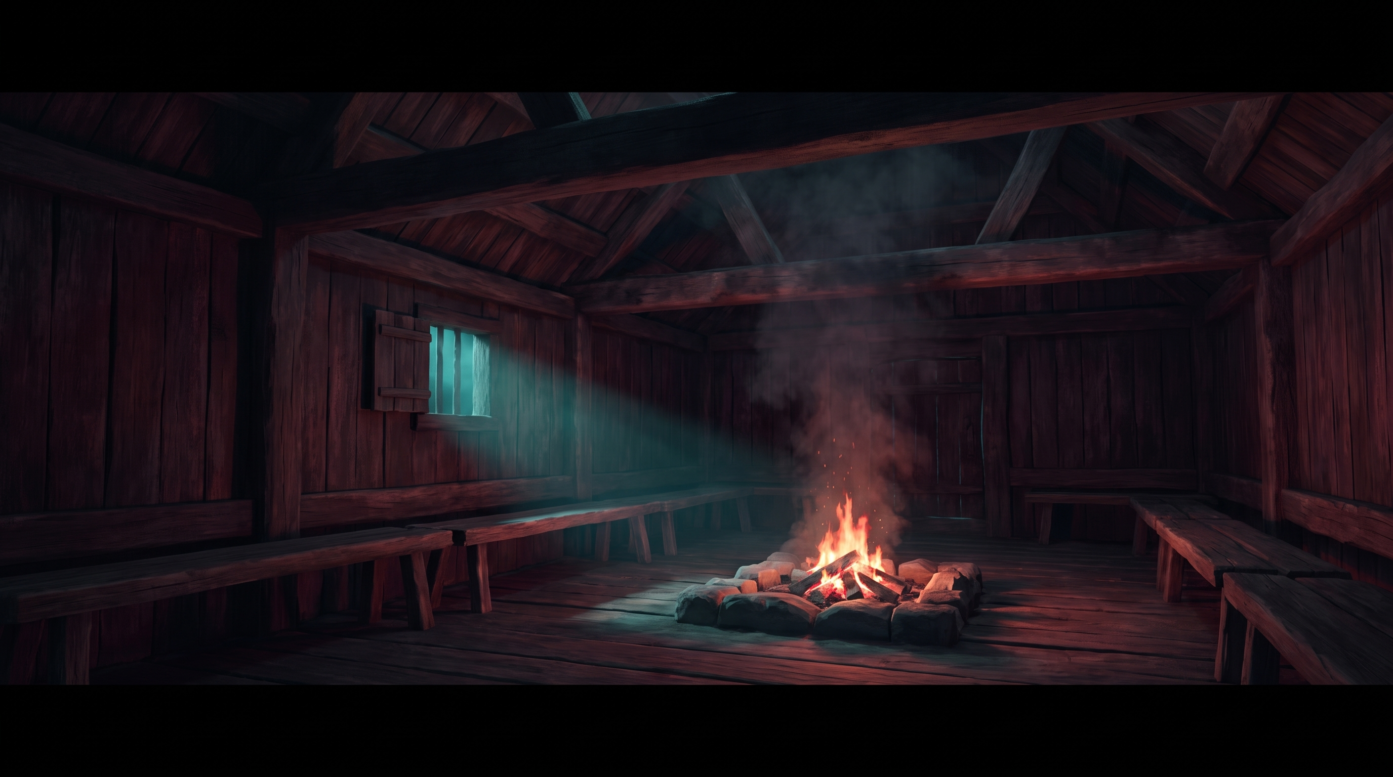 Alliteration kommt aus der mündlichen Rede: eine alte Holzhalle mit leeren Bänken und einem Feuer