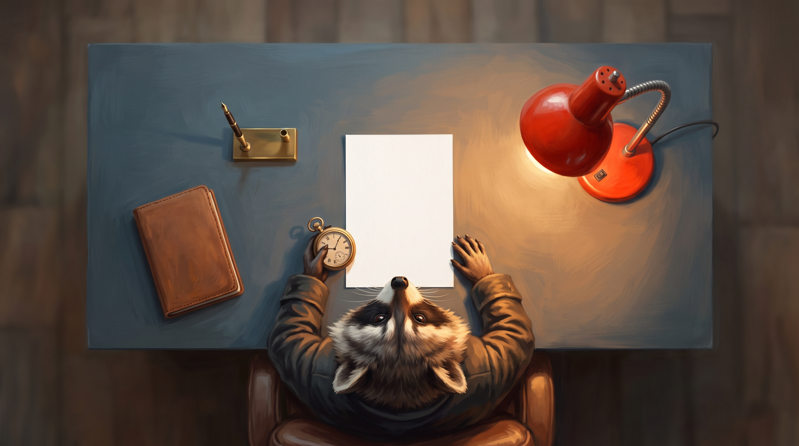 Text laut lesen wird gern übersprungen: der Waschbär liest still am Schreibtisch