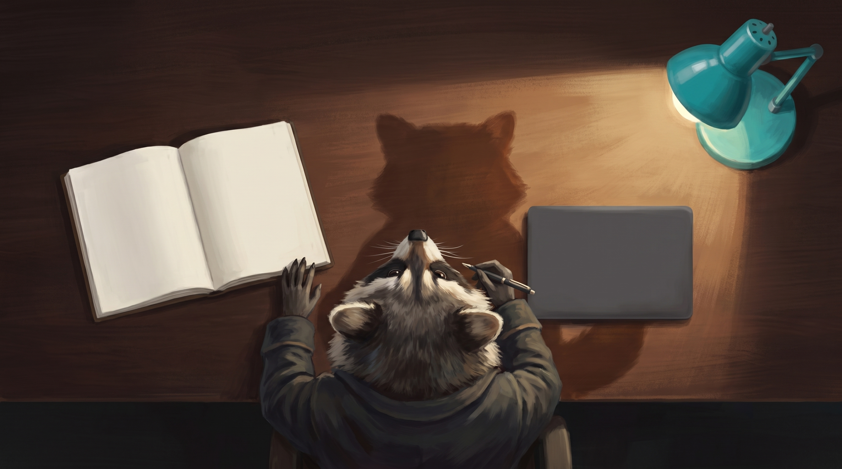Handschriftlich schreiben oder tippen: der Waschbär sitzt zwischen Notizbuch und Laptop