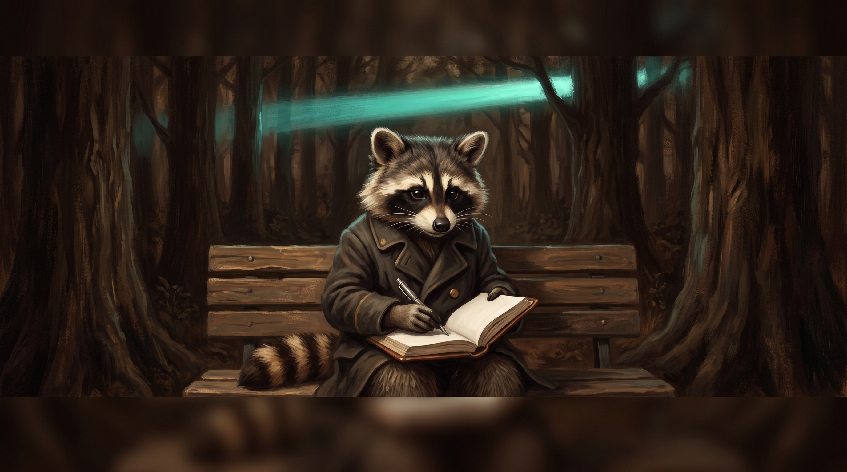 Handschriftlich schreiben unterwegs: der Waschbär notiert auf einer Parkbank in ein kleines Notizbuch