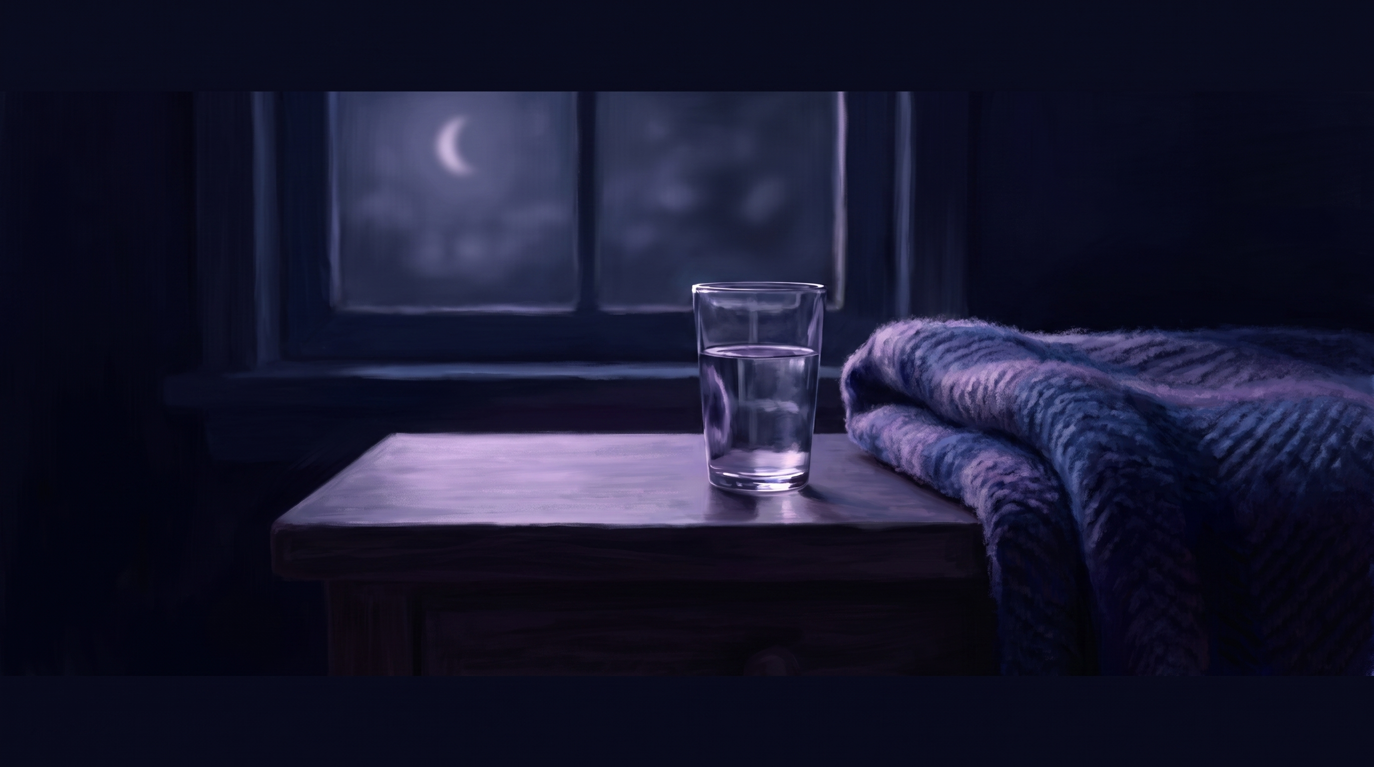 Schlaf vor Auftritt braucht Vorbereitung: Nachttisch mit Wasserglas und Mond im Fenster