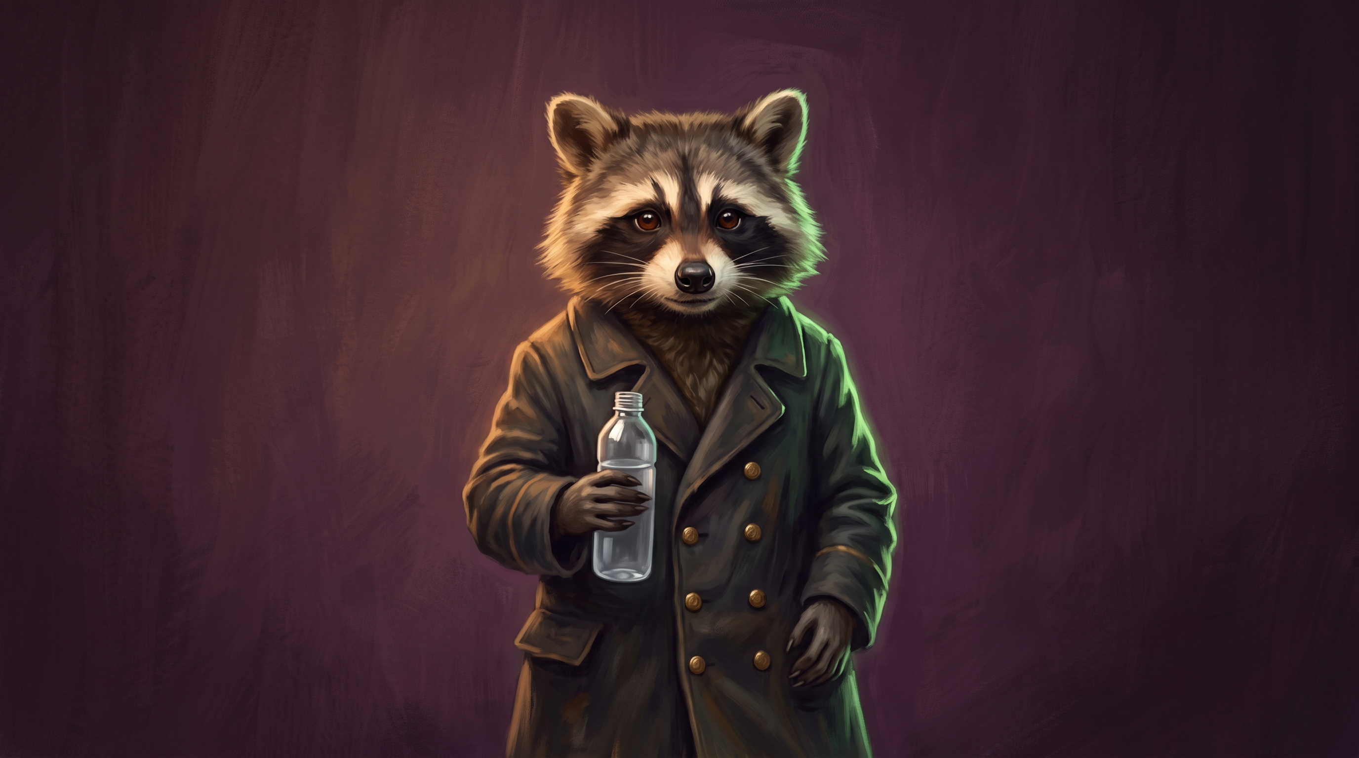 Beim Essen vor Auftritt reicht oft Wasser: der Waschbär steht backstage mit einer Flasche