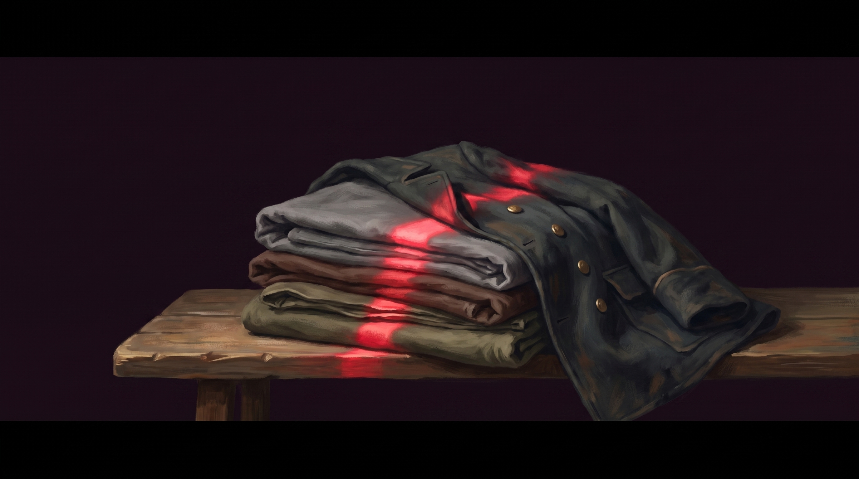 Ein schlichtes Bühnenoutfit reicht: gefaltete einfache Kleidung mit getragener Jacke