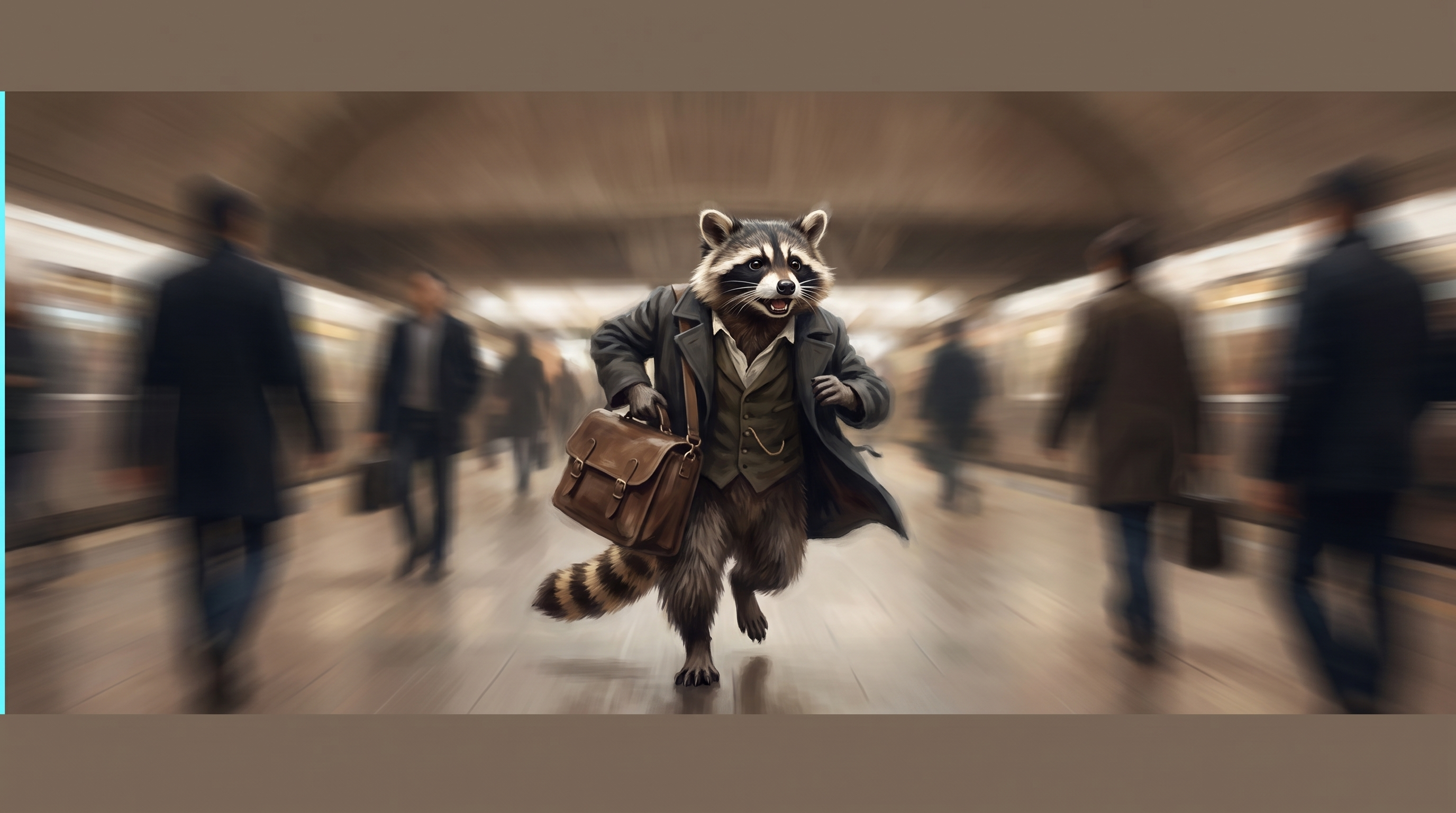 Eine hektische Anfahrt zum Auftritt: der Waschbär hetzt durch eine Bahnhofshalle