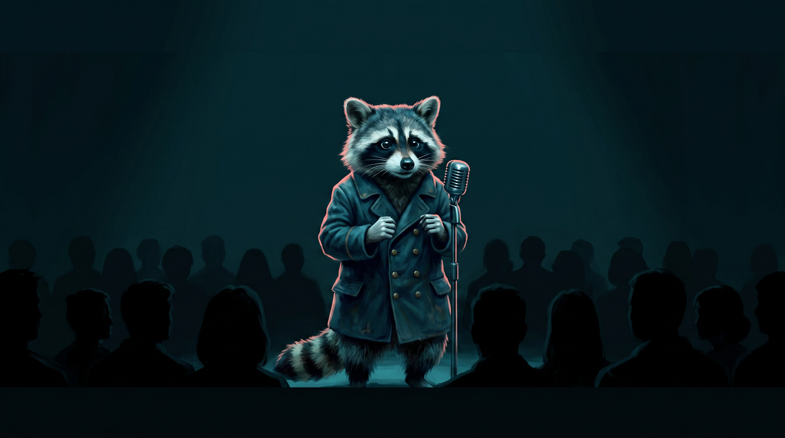 Warten auf die Poetry Slam Jury: der Waschbär schaut angespannt zur ersten Reihe