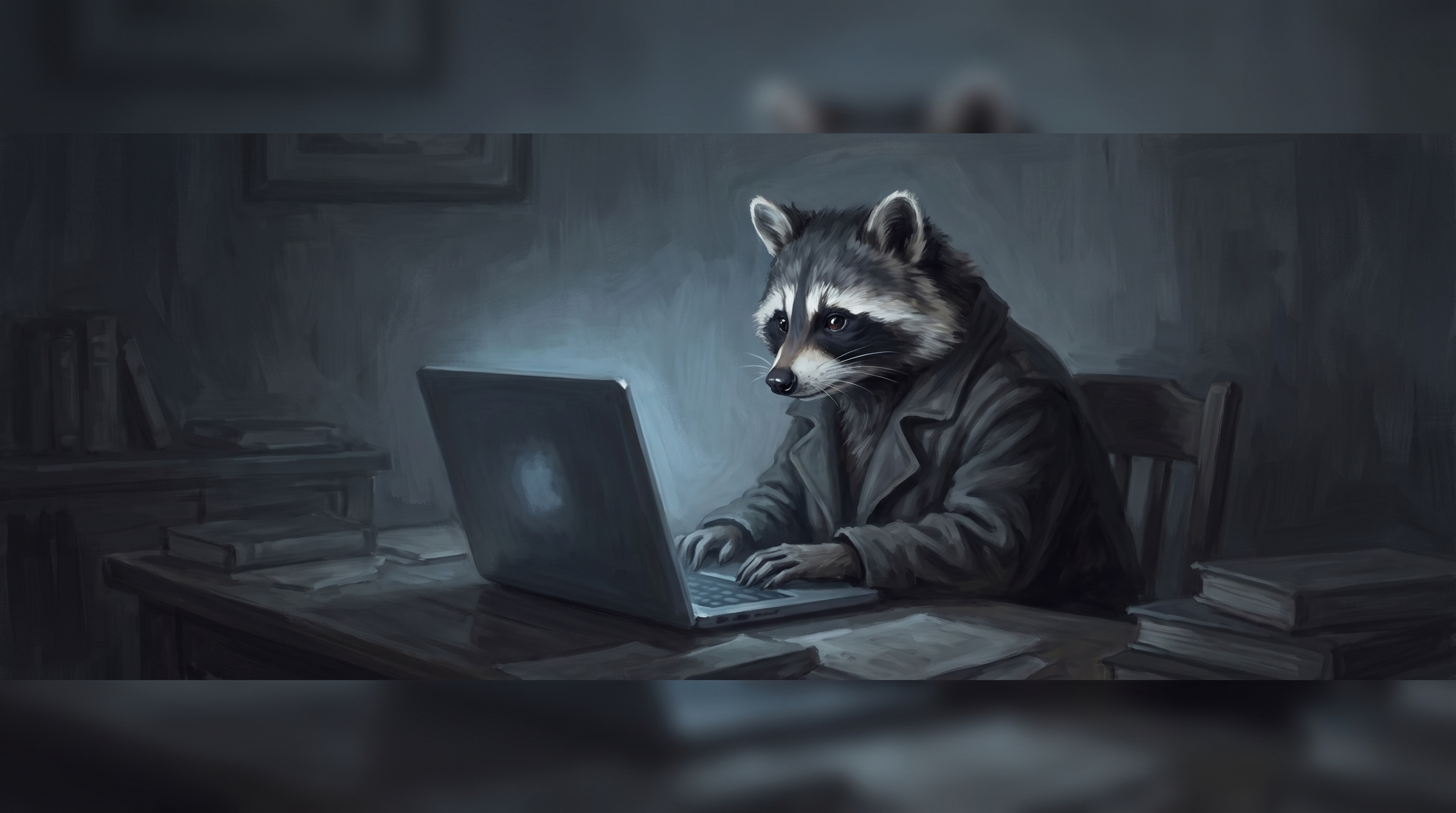 Veranstalter anschreiben am Abend: der Waschbär schreibt konzentriert am Laptop
