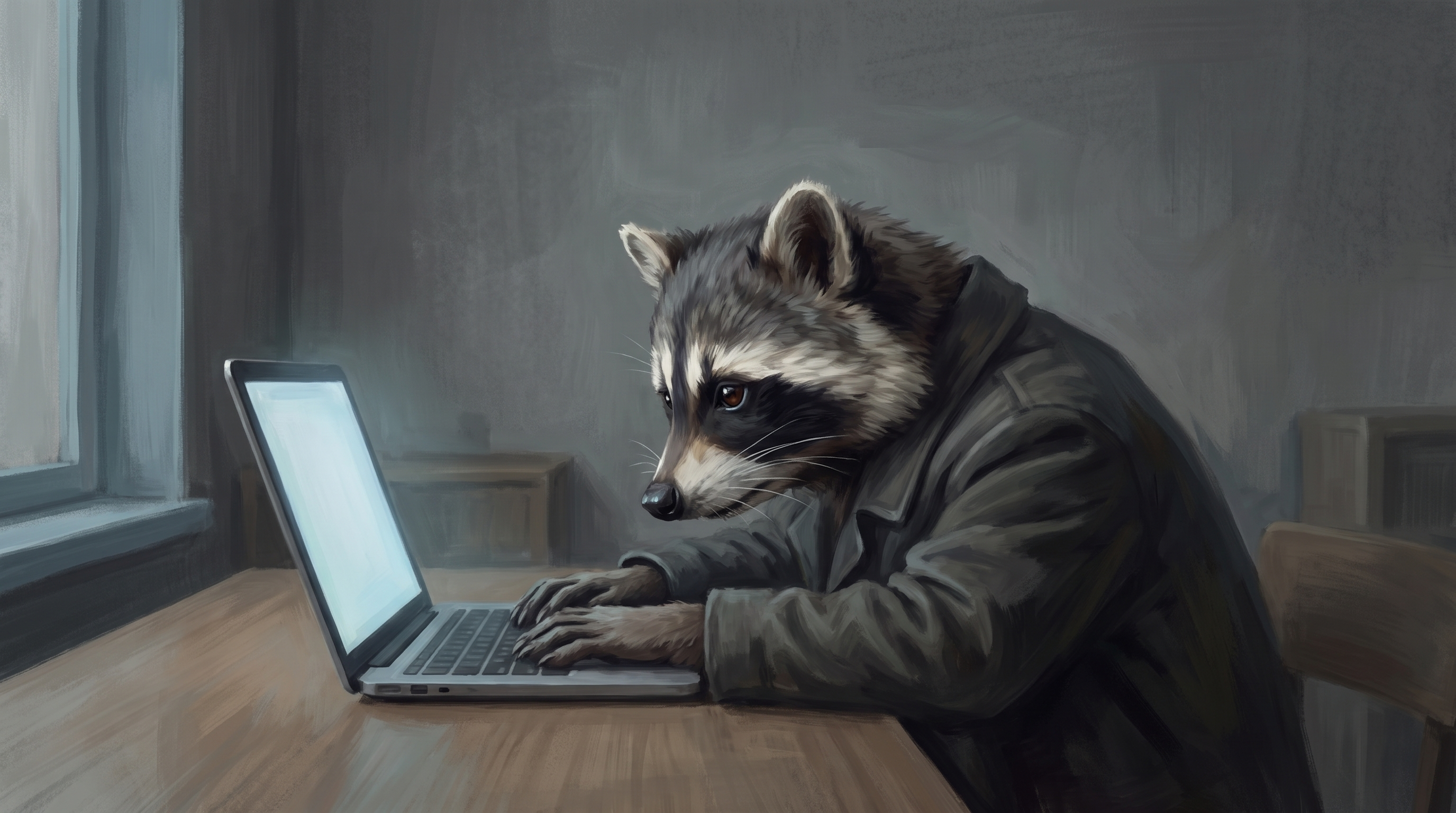 Veranstalter anschreiben ohne Antwort: der Waschbär sitzt entmutigt am Laptop