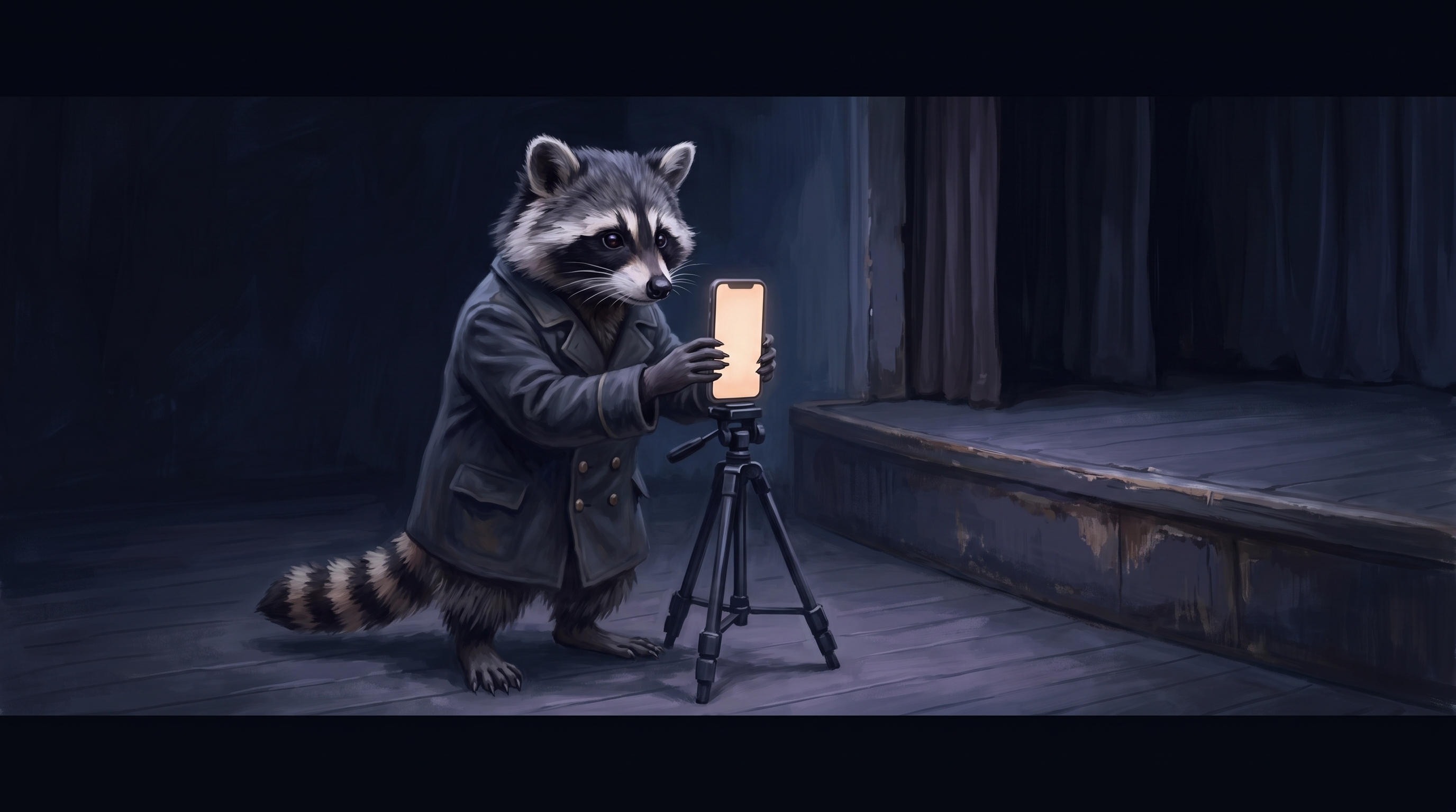 Slam-Video aufnehmen mit einfachen Mitteln: der Waschbär richtet ein Handy auf einem Stativ aus