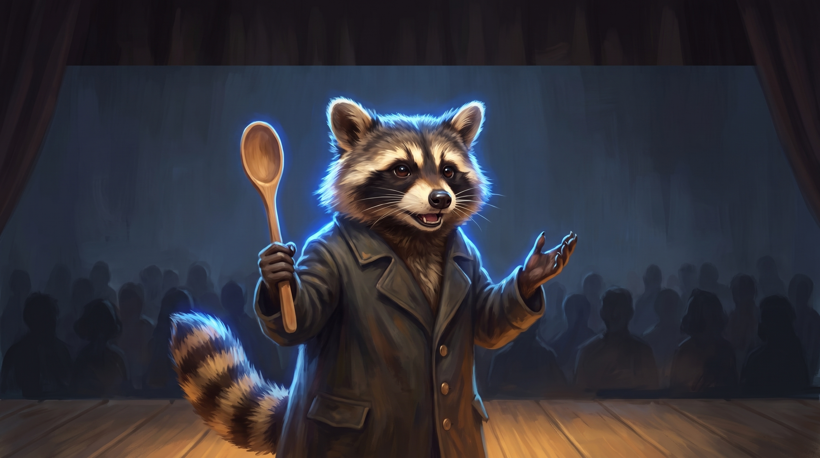 Science Slam mit Requisite: der Waschbär hält einen Gegenstand ins Publikum