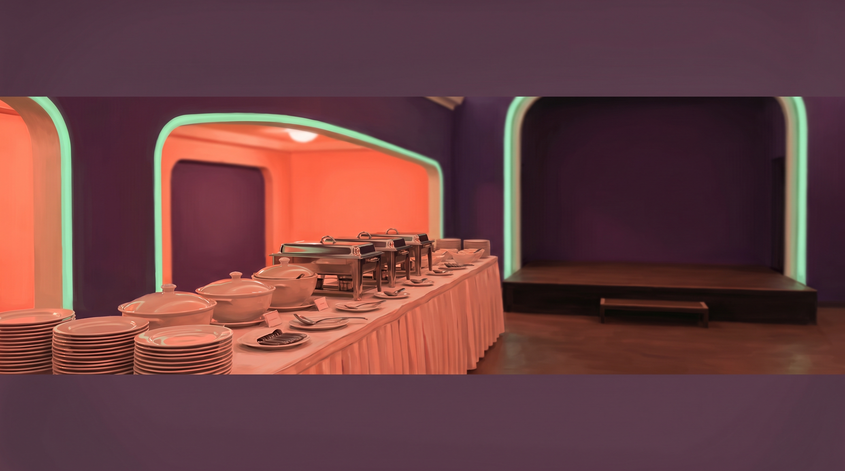 Firmenevent-Auftritt neben dem Buffet: eine lange Tafel vor der leeren Bühne