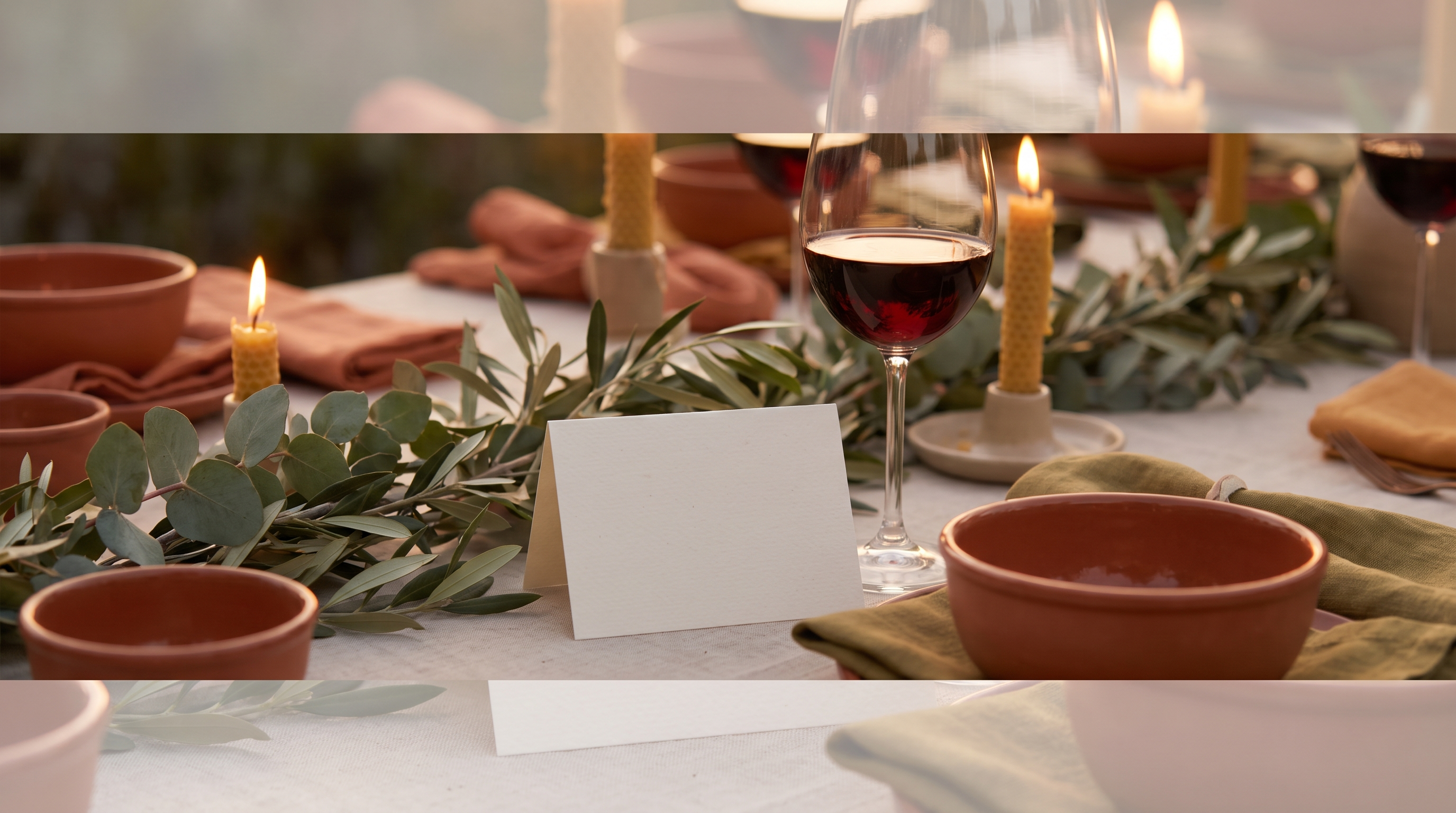 Vor der Hochzeitsrede: eine leere Karte lehnt an einem Glas auf der Festtafel