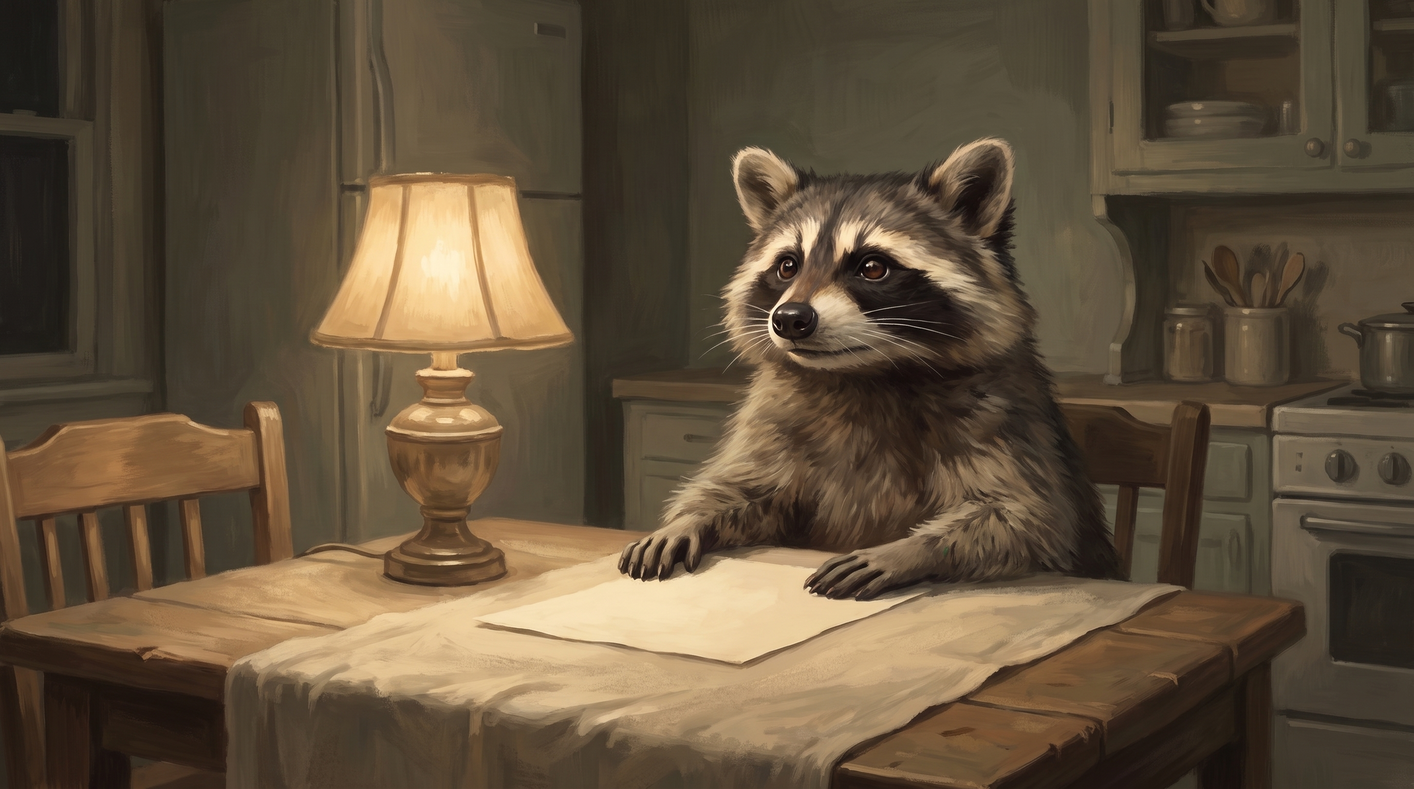 Trauerrede schreiben beginnt mit Zuhören: der Waschbär am Tisch vor leerem Papier