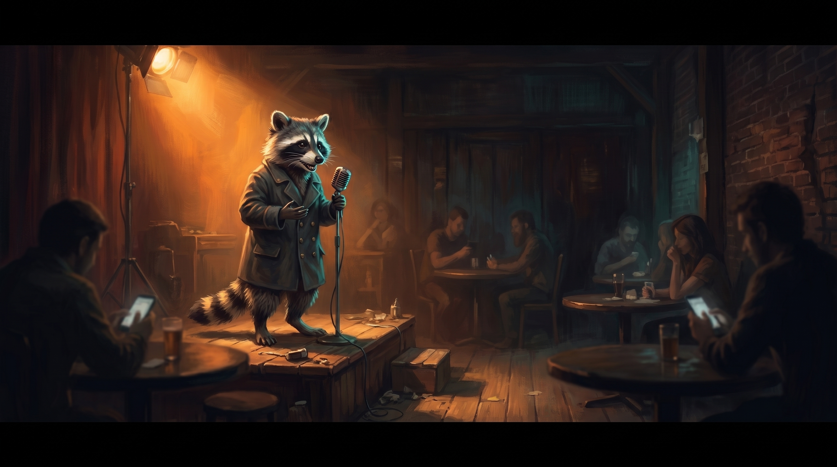 Beim Open Mic üben: der Waschbär am Mikrofon vor kleinem Publikum