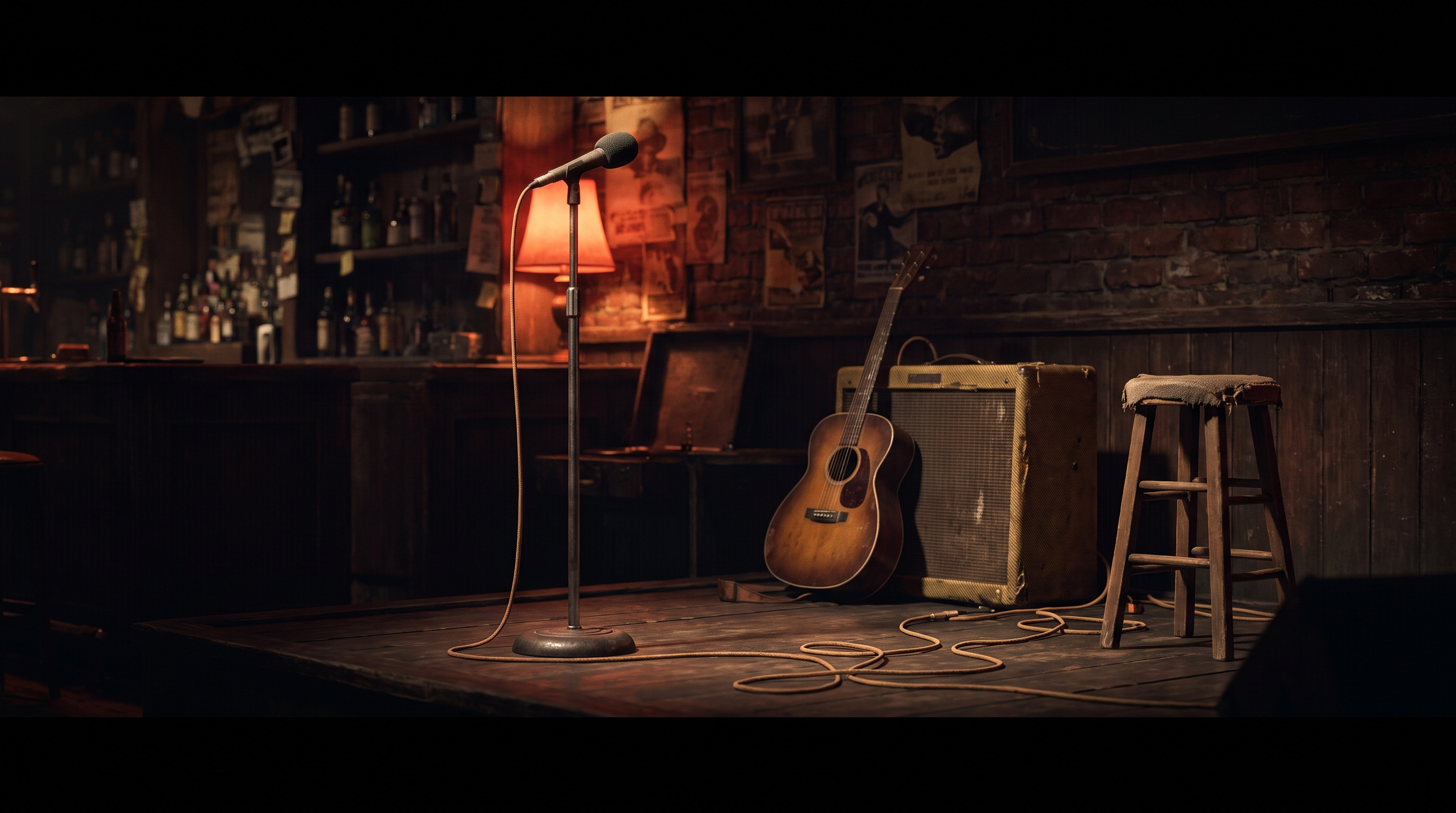 Vor dem Open Mic: eine kleine Bühne mit Mikrofonständer und Verstärker