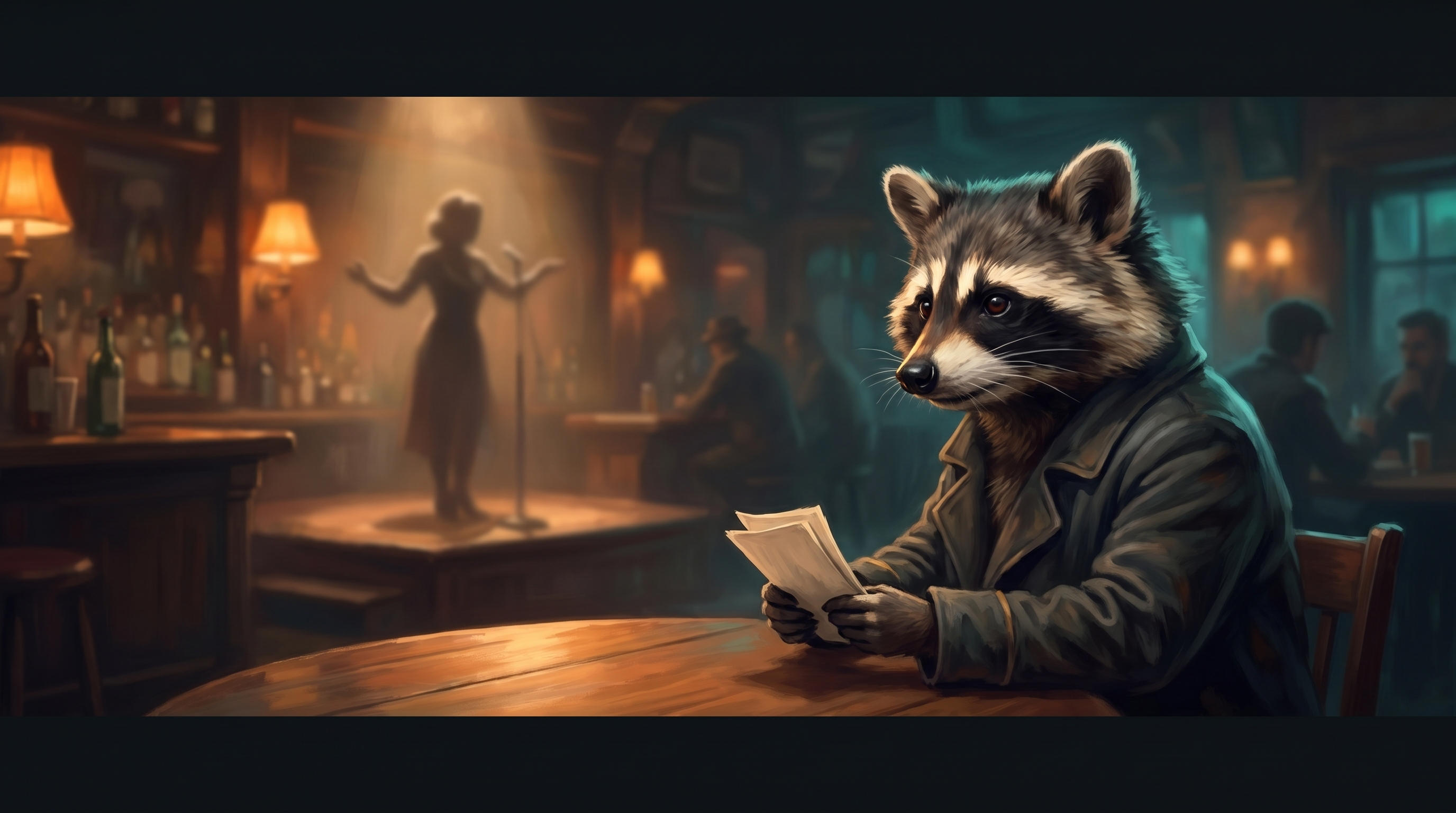 Beim Open Mic warten: der Waschbär sitzt am Tisch und hört zu