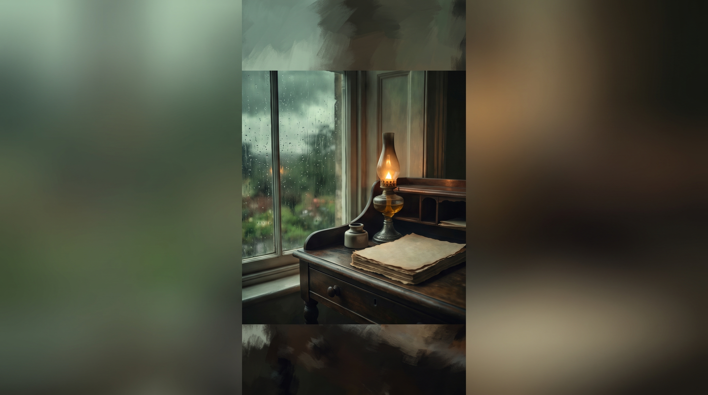 Schreibretreat: der Schreibtisch am Fenster im Regen