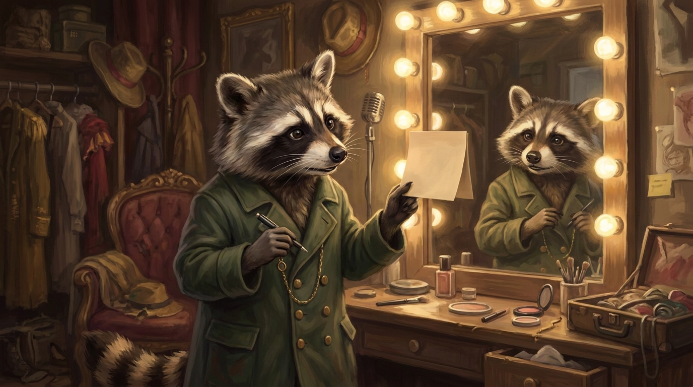 Slam Workshop sinnlos: der Waschbär vor einem Spiegel in einer Garderobe, auf dem Spiegel klebt ein Zettel mit der Aufschrift Sei du selbst, der Waschbär hält einen Stift und schreibt darunter ein Fragezeichen