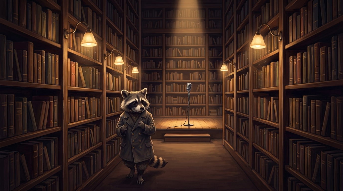Slam Workshop sinnlos: der Waschbär steht zwischen hohen Bücherregalen einer nächtlichen Bibliothek, die Regale gehen über in eine kleine beleuchtete Bühne mit Mikrofon