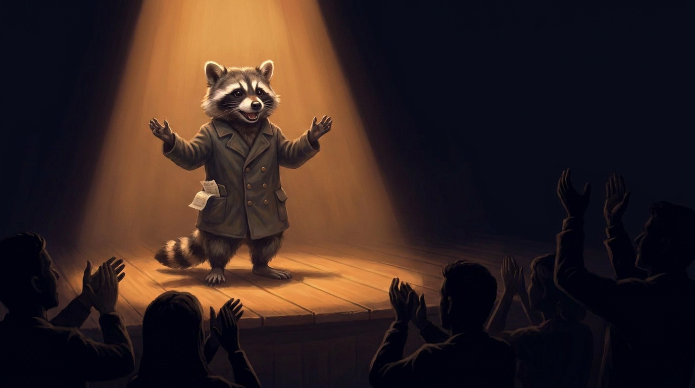 Slam Workshop sinnlos: der Waschbär steht abends glücklich auf einer kleinen Bühne im Scheinwerferlicht, in der Hosentasche steckt ein zerknitterter Kassenbon, das Publikum applaudiert