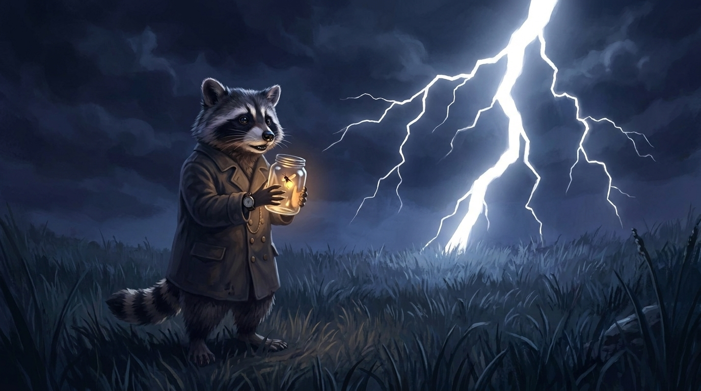 Text zündet nicht: der Waschbär hält nachts ein Glas mit einem Glühwürmchen, während am Himmel ein gewaltiger Blitz aufleuchtet
