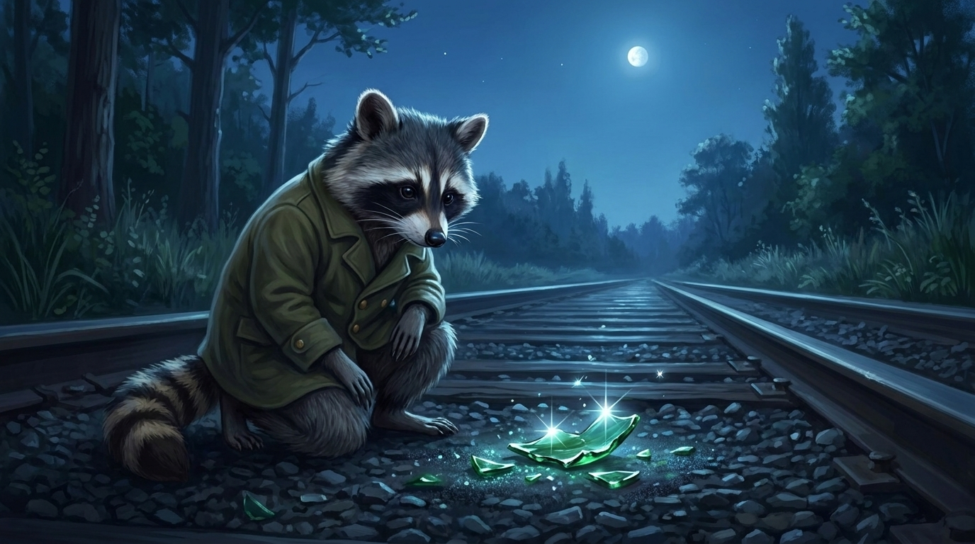 Text zündet nicht: der Waschbär kniet nachts an Bahngleisen und betrachtet einen Glassplitter, in dem sich das Mondlicht spiegelt