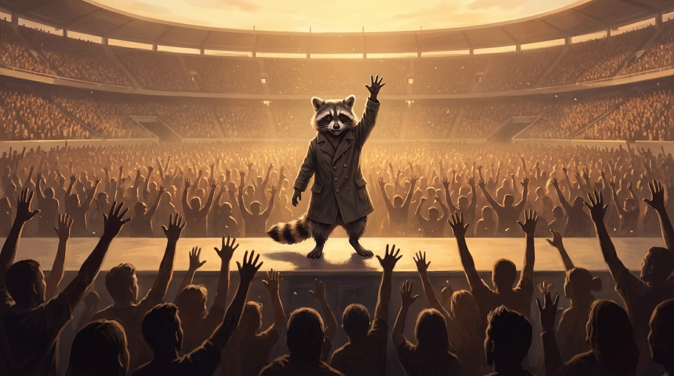 Wahrheit über Poetry Slam: der Waschbär steht auf einer riesigen Stadionbühne im goldenen Abendlicht, ein Menschenmeer hebt gleichzeitig die Arme
