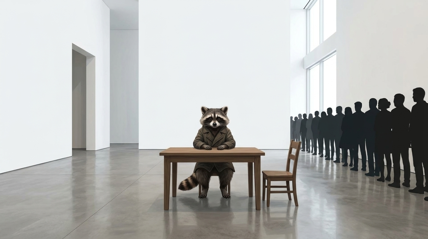 Wahrheit über Poetry Slam: der Waschbär sitzt reglos an einem Holztisch in einem hellen Museum, gegenüber ein leerer Stuhl, am Rand wartet eine Schlange von Silhouetten