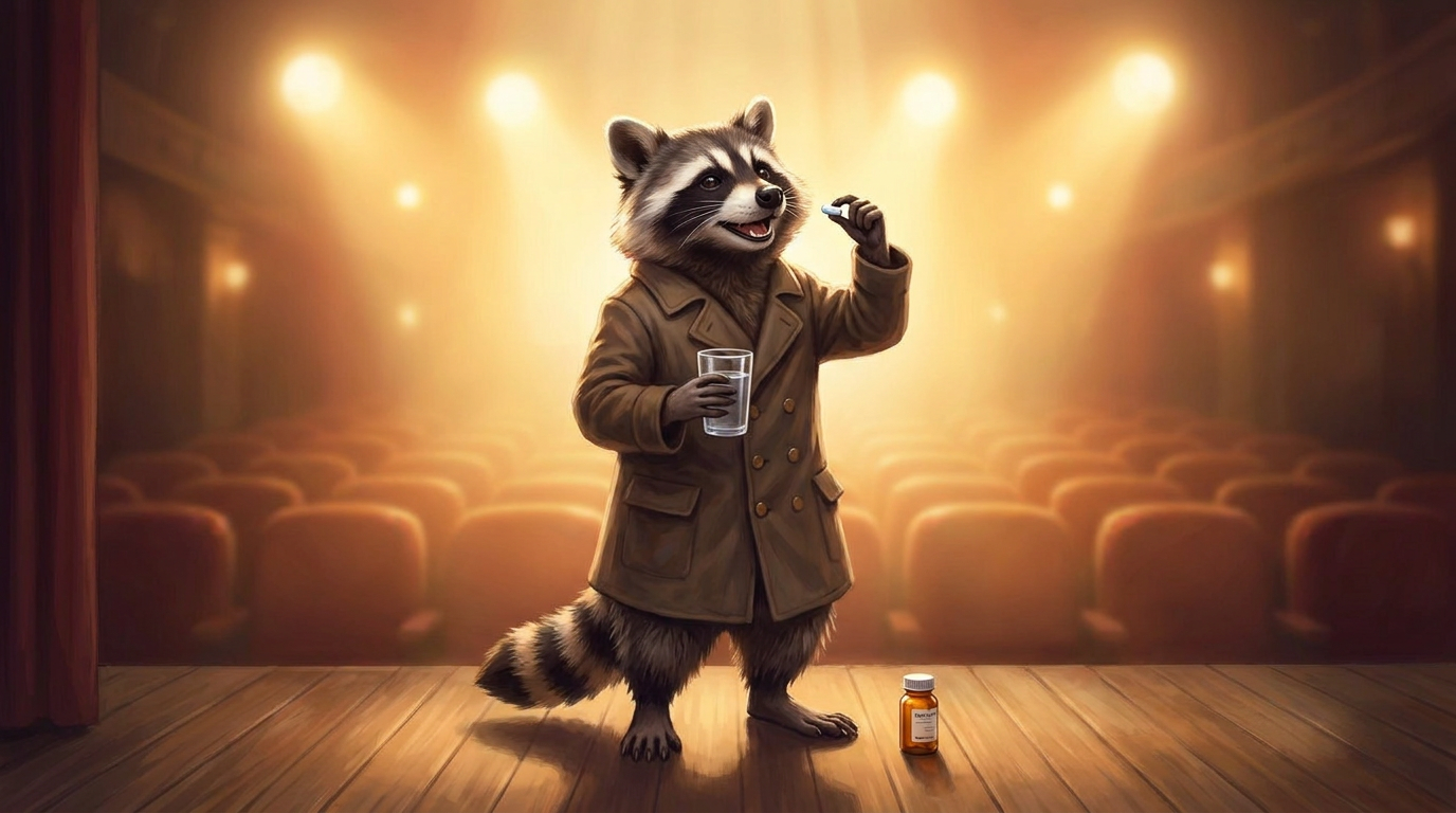 Wahrheit über Poetry Slam verdaut: der Waschbär schluckt lächelnd eine Pille mit einem Glas Wasser, hinter ihm leuchtet warm die Bühne